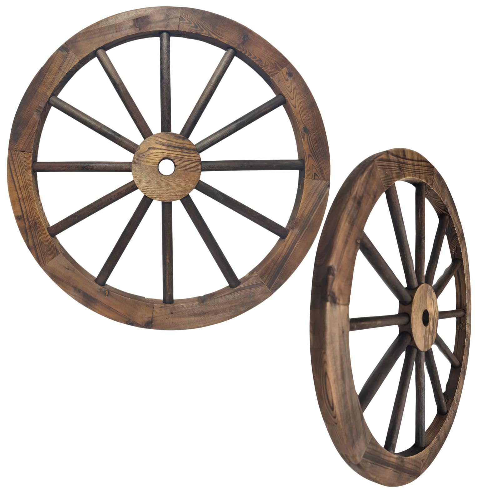 Rustic Western 24" Wood Wagon Wheel Wall Decor Set of 2 | Fully Painted 1.2" Thick - Country Farmhouse Wild West Party Decorations | Home Yard Garden Patio Indoor or Outdoor Cowboy Pioneer Style Garage Bar Decor (Dark Brown)