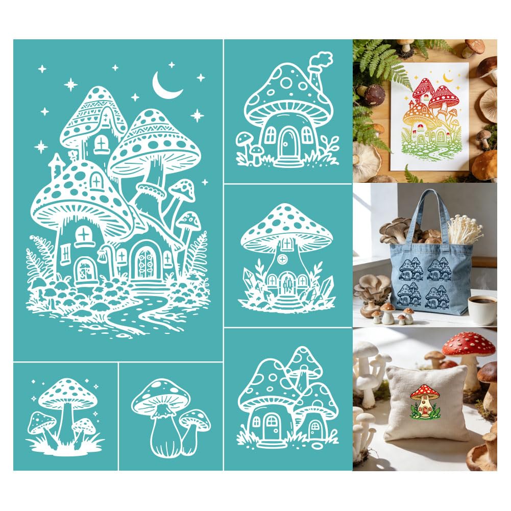 GOMAKERER 2 Sheets Silk Screen Stencil, Interesting Mushrooms Painting Stencils Templates Reusable Self-Adhesive Silk Screen Printing for Wall Border Wood Fabric Home Craft Decor