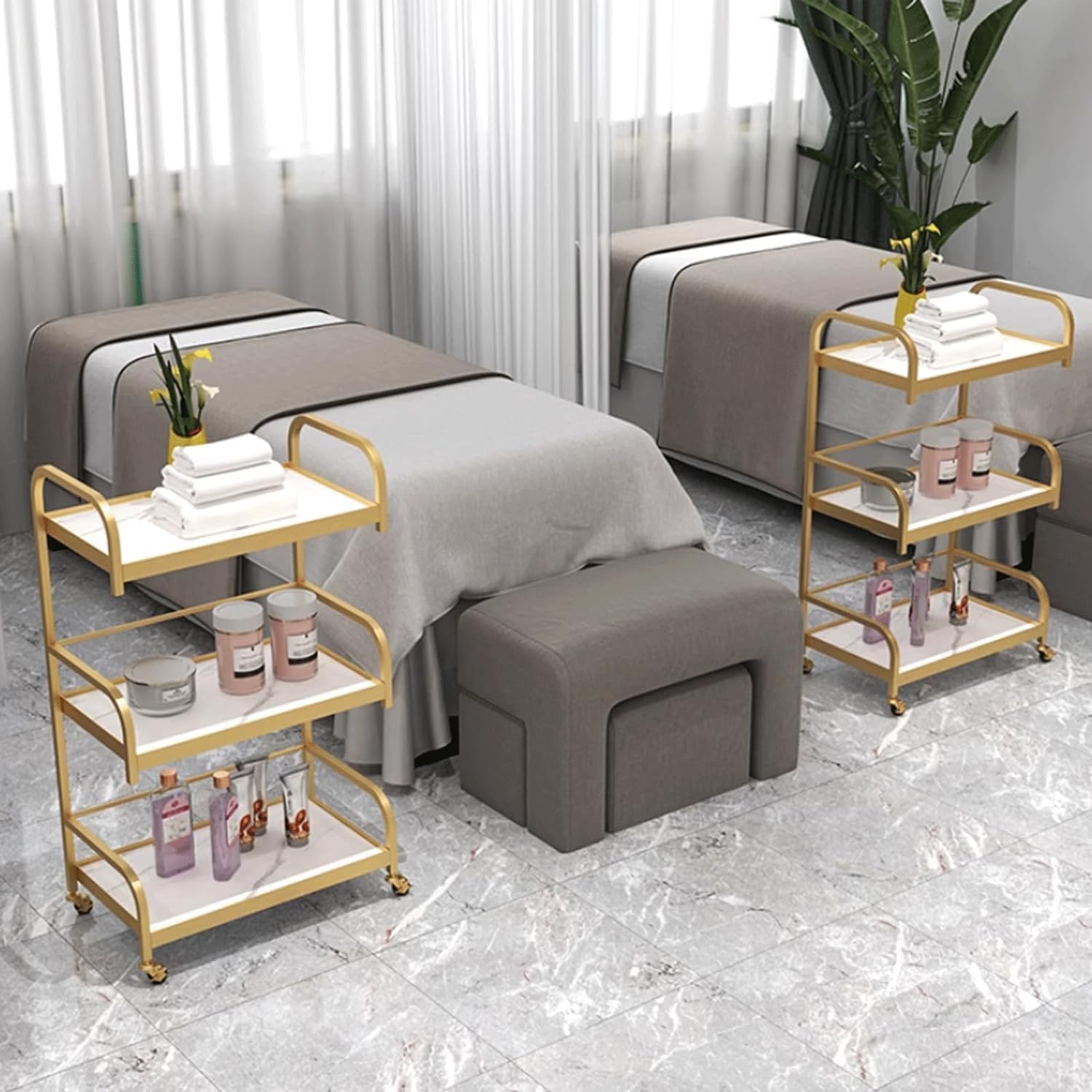 Mobiler Friseur-Arbeitsplatz, Salonwagen, Rollwagen for den Salon aus Metall, 3-stufiger Salonwagen, Ablagefächer, Rollwagen mit Rollen for den Aufbewahrungswagen for die Schönheit(Gold)
