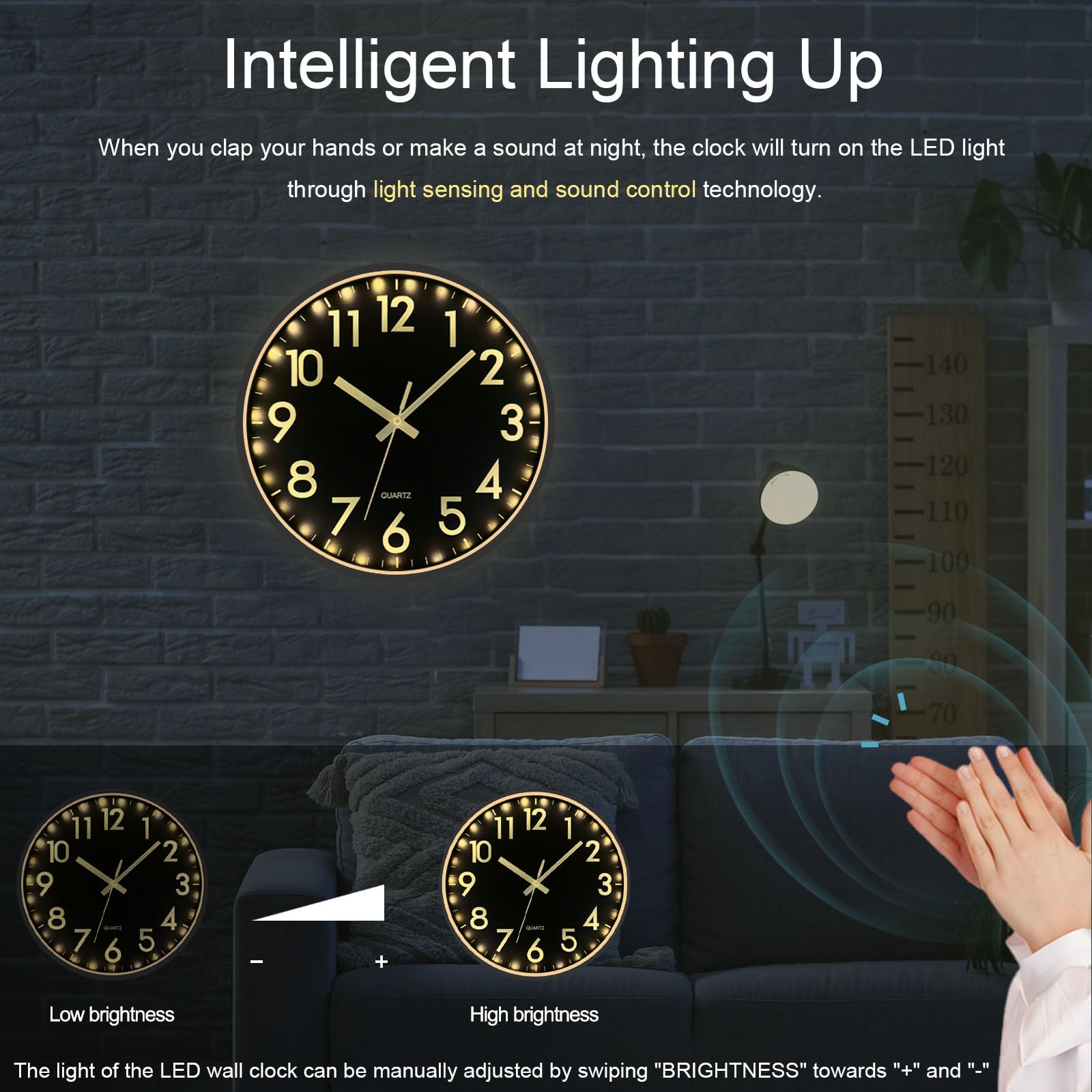JoFomp Horloge murale LED pour chambre à coucher, lumière nocturne, 30,5 cm, horloge murale silencieuse à piles, horloge murale lumineuse pour décoration de salon, horloge murale moderne