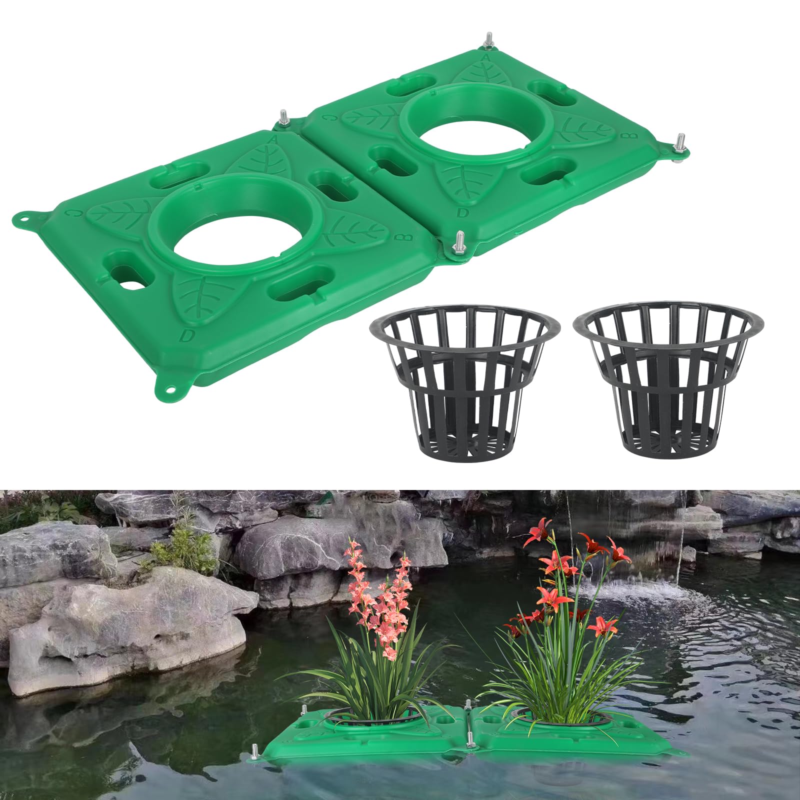 GHIBFBT Floating Pond Planters, Decorative Hydroponic Island Garden Planter for Aquatic Plants, Plastic lant Baskets for Pool, Landscaping (2, Square+black pot)