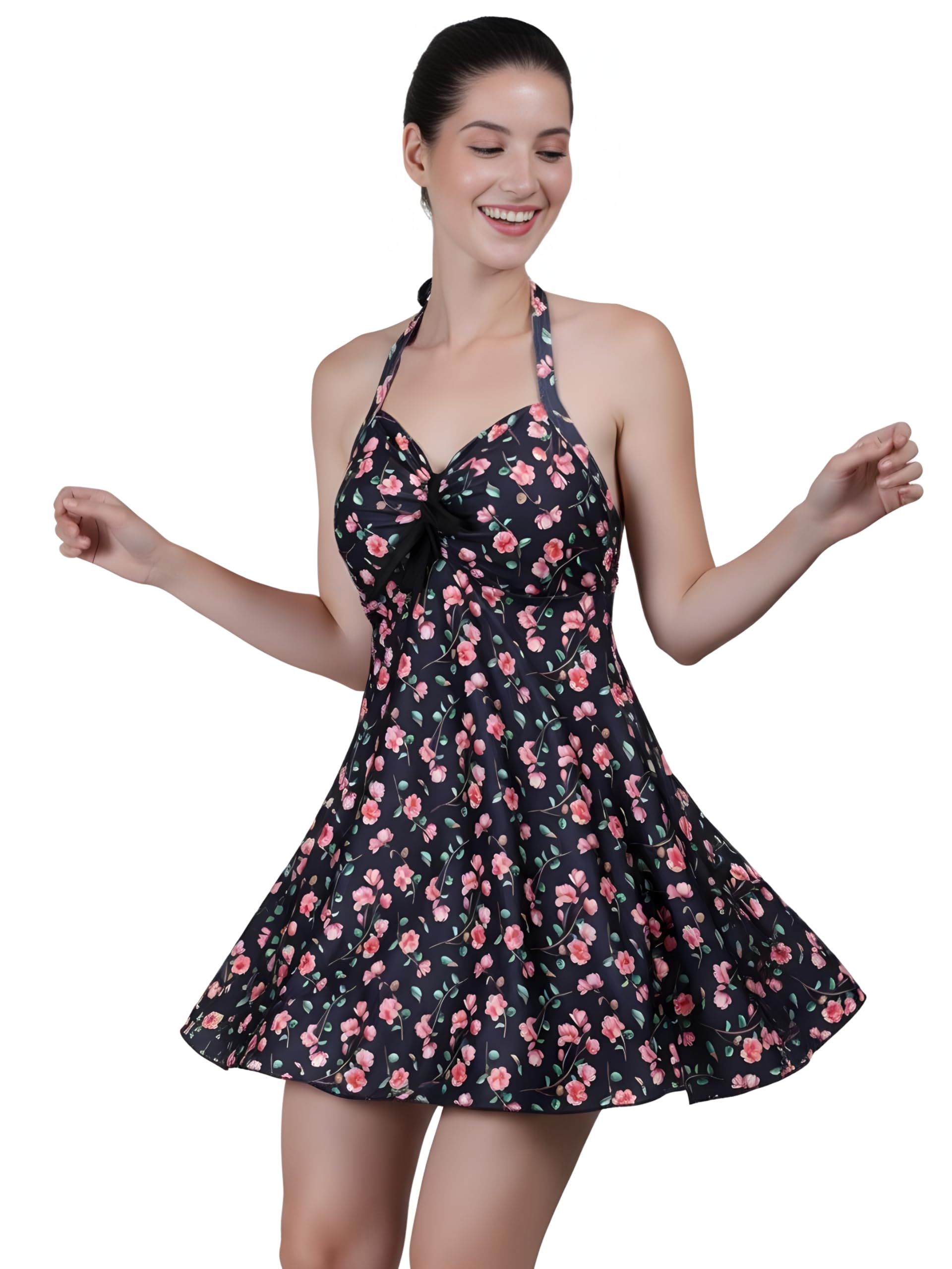 MEGASKA Women Sailor Pin Up Swimsuit Retro One Piece Halter Neck with Inner Shorts Padded Swimdress Swimming Costume Swimwear