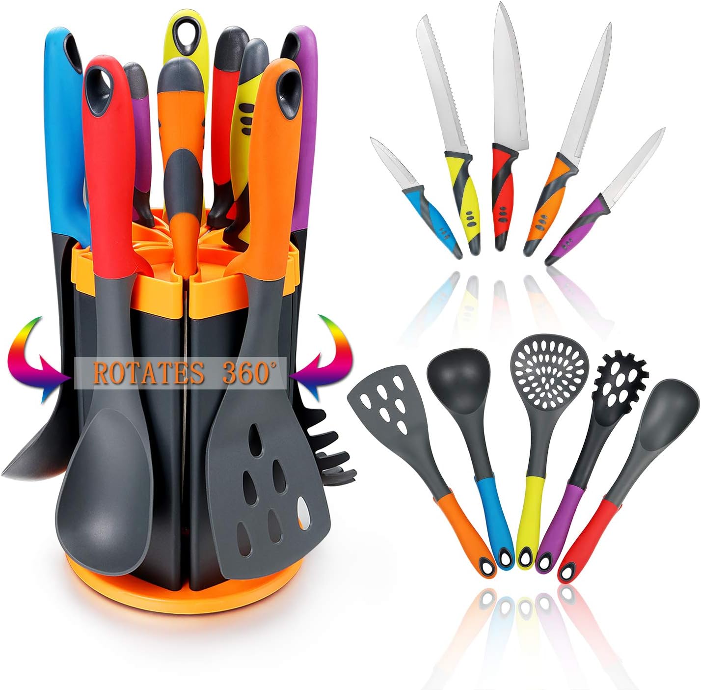 Cooking Utensils Set & Kitchen Knife Set - 5 Piece Nylon Nonstick Kitchen Utensil Set & 5 Piece Cook Knife Set with Rotating Knife & Utensil Holder - Kitchen Tools include Knife,Turner,Spatula & Spoon
