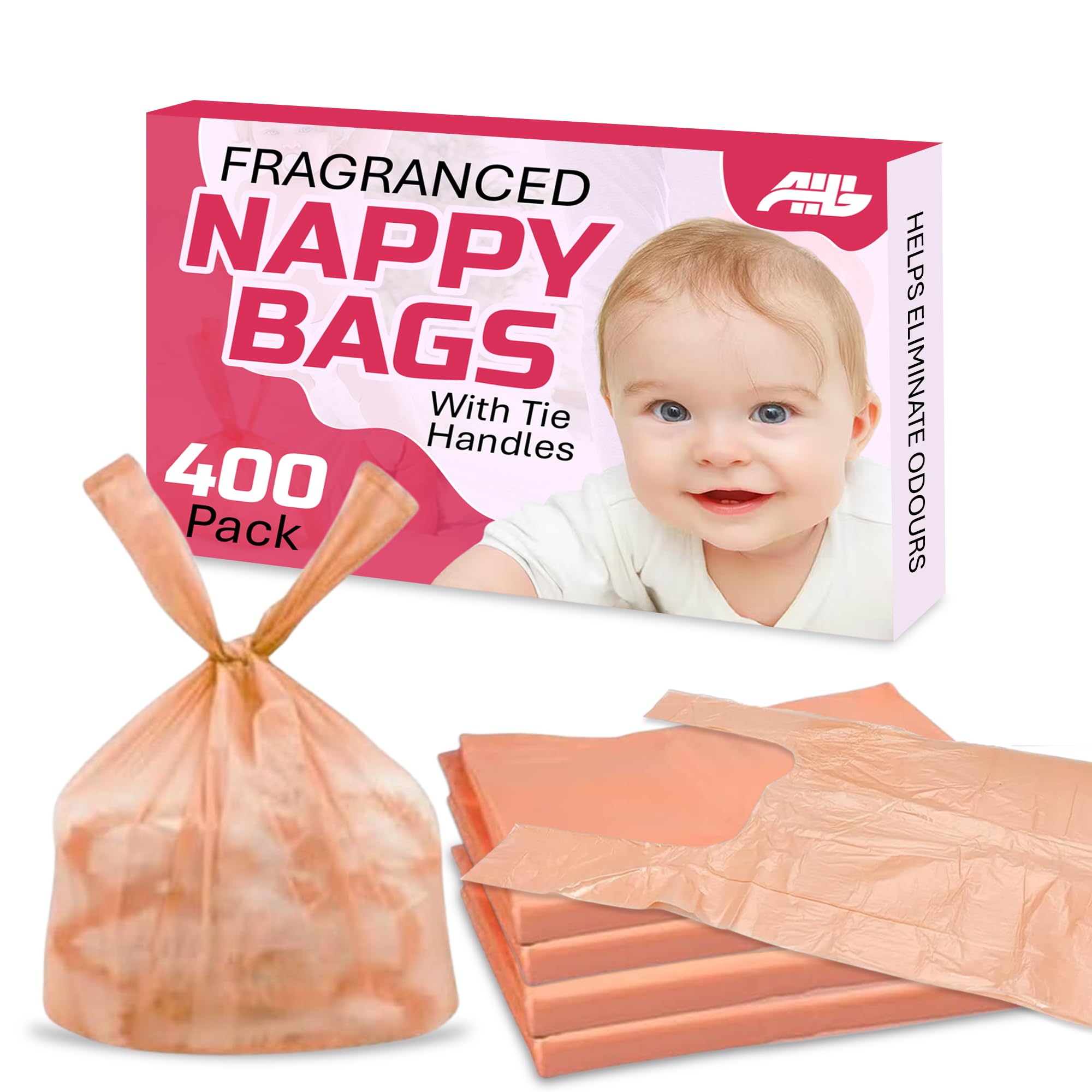 AHG 400 Coloured Nappy Bags with Tie Handles | Fragranced Disposable Bags for Odour Control | Strong, Leak-Proof & Lightweight | Baby Travel Essentials for Hygienic Nappy Disposal