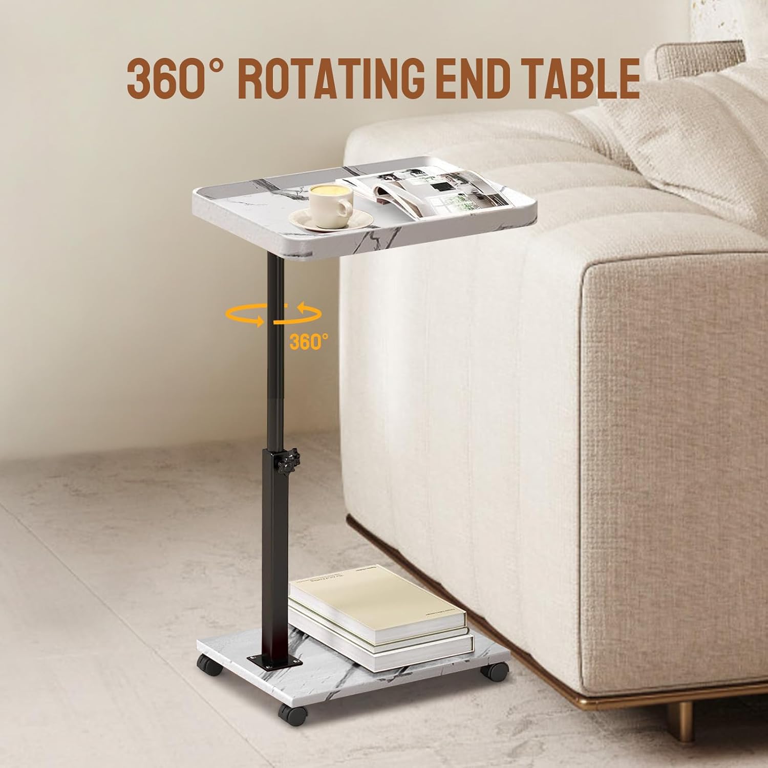 Adjustable C Shaped Side Table, C Table End Table with Wheels for Sofa, 360° Swivel Sofa Table for Livingroom,Bedroom,Study and Small Spaces,Bedside Table (Rectangle,White)