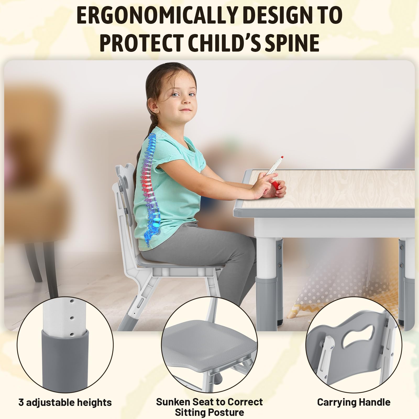 Table pour enfant avec 2 chaises, groupe de sièges pour enfants réglable en hauteur en HDPE & ABS, table de jeu multifonctionnelle pour enfants de 2 à 10 ans, ensemble table et chaise