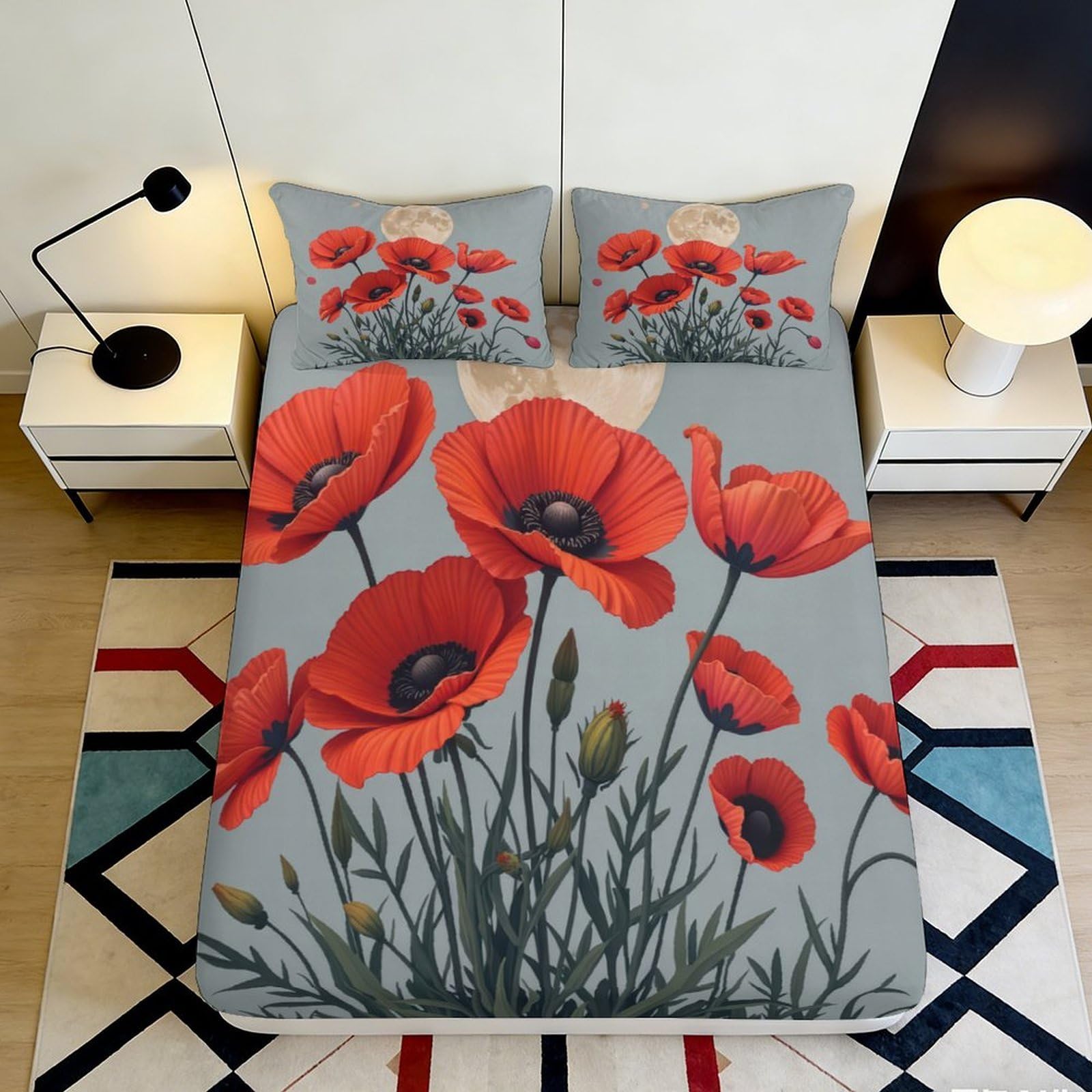 Jqzkxnhpbr Style-3 3D Printed Red Poppy Fitted Sheet Microfiber Soft Breathable Wildflower Bed Cover Anti-Slip Decor For Bedroom Guest Room Mattress Protection 90X200x25cm
