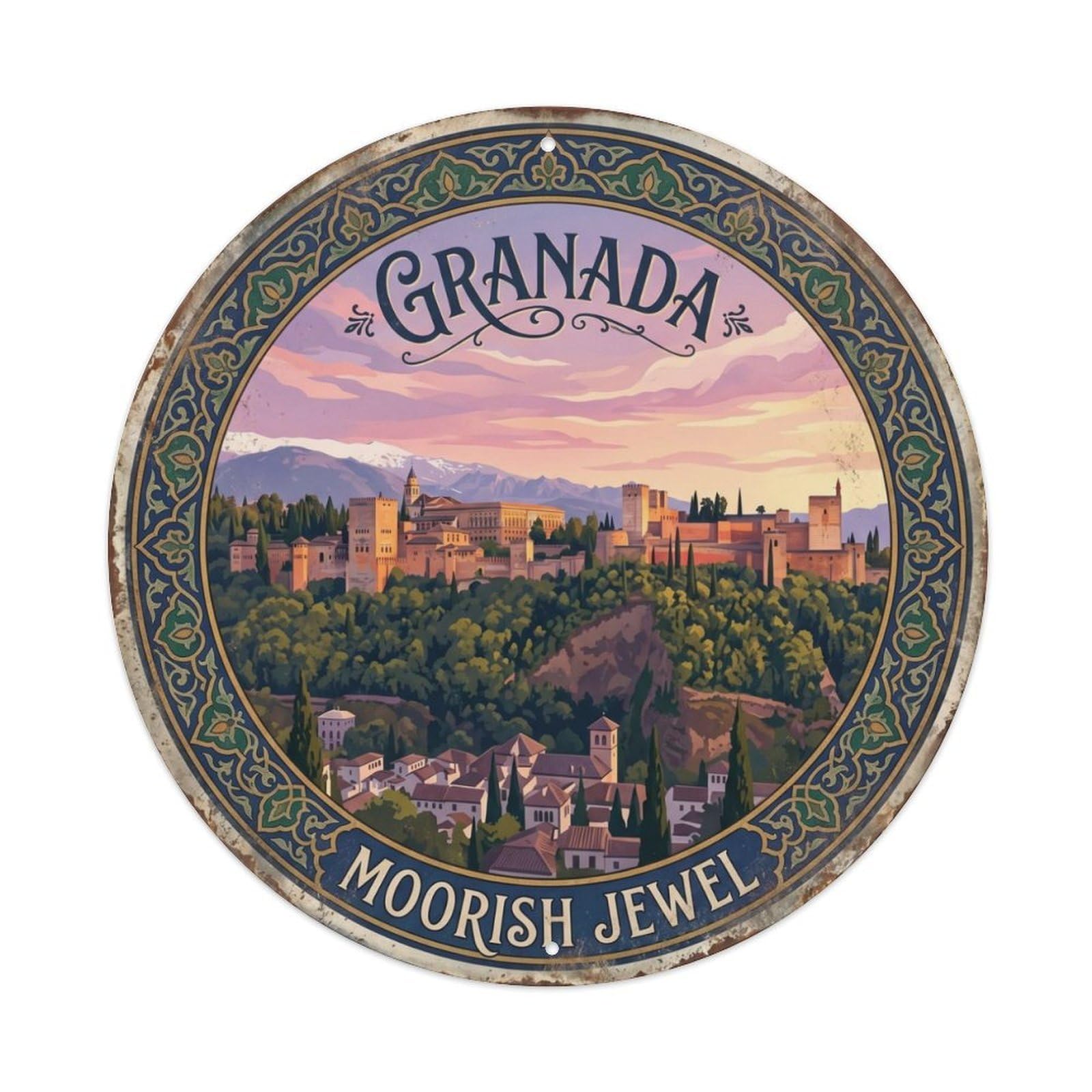 Vintage Travel Alhambra Granada Fortress Metal Tin Sign Plaque Wall Decor for Cafe, Club Bar, Office, Home Garden Round Metal Poster 8x8Inch