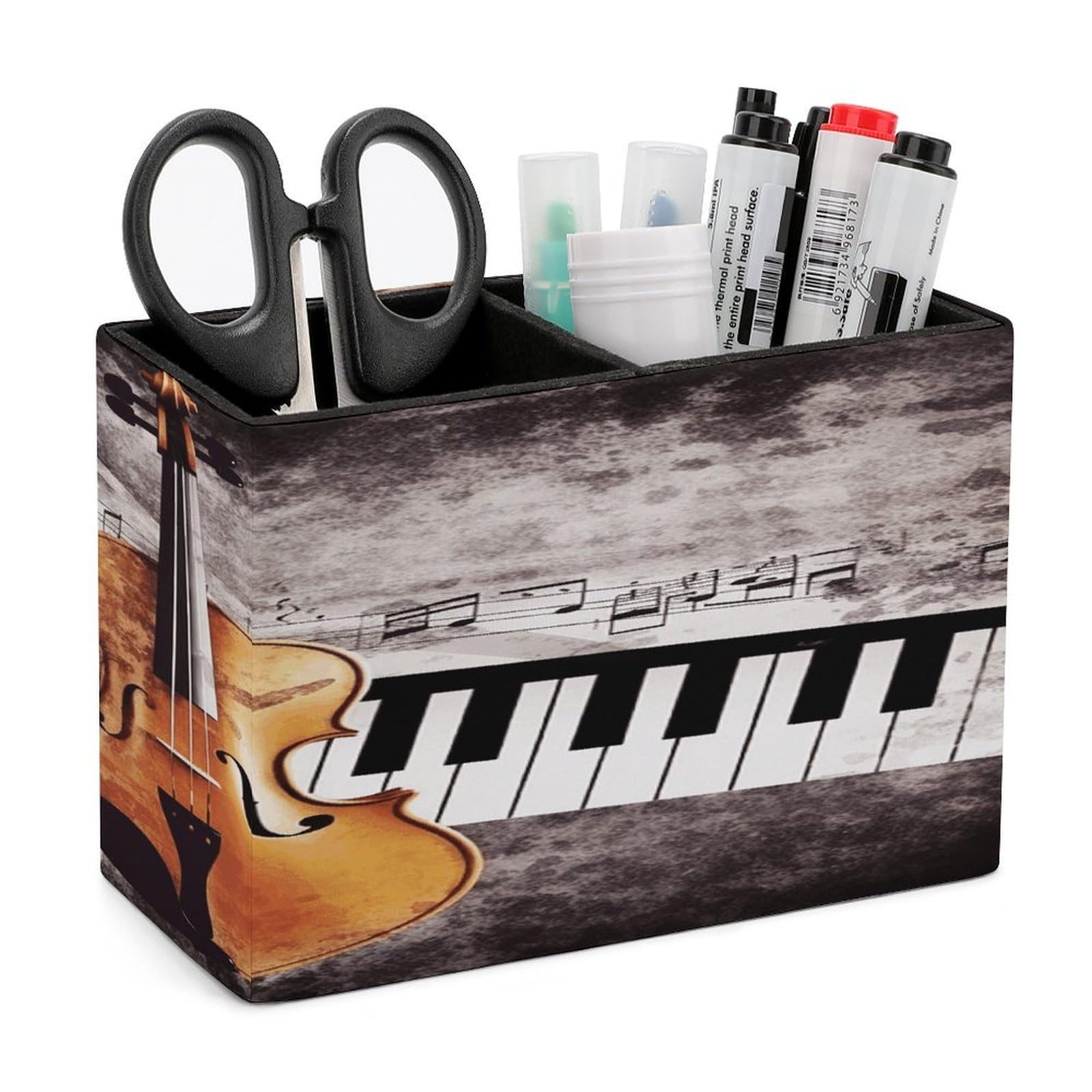 VstaDank Piano Violin Music Notes Pen Holder Double Compartments Pen Cup Fashion Makeup Brush Holders Leather Pencil Holder for Work Locker Accessories Modern Pencil Cup for Desk Organizer