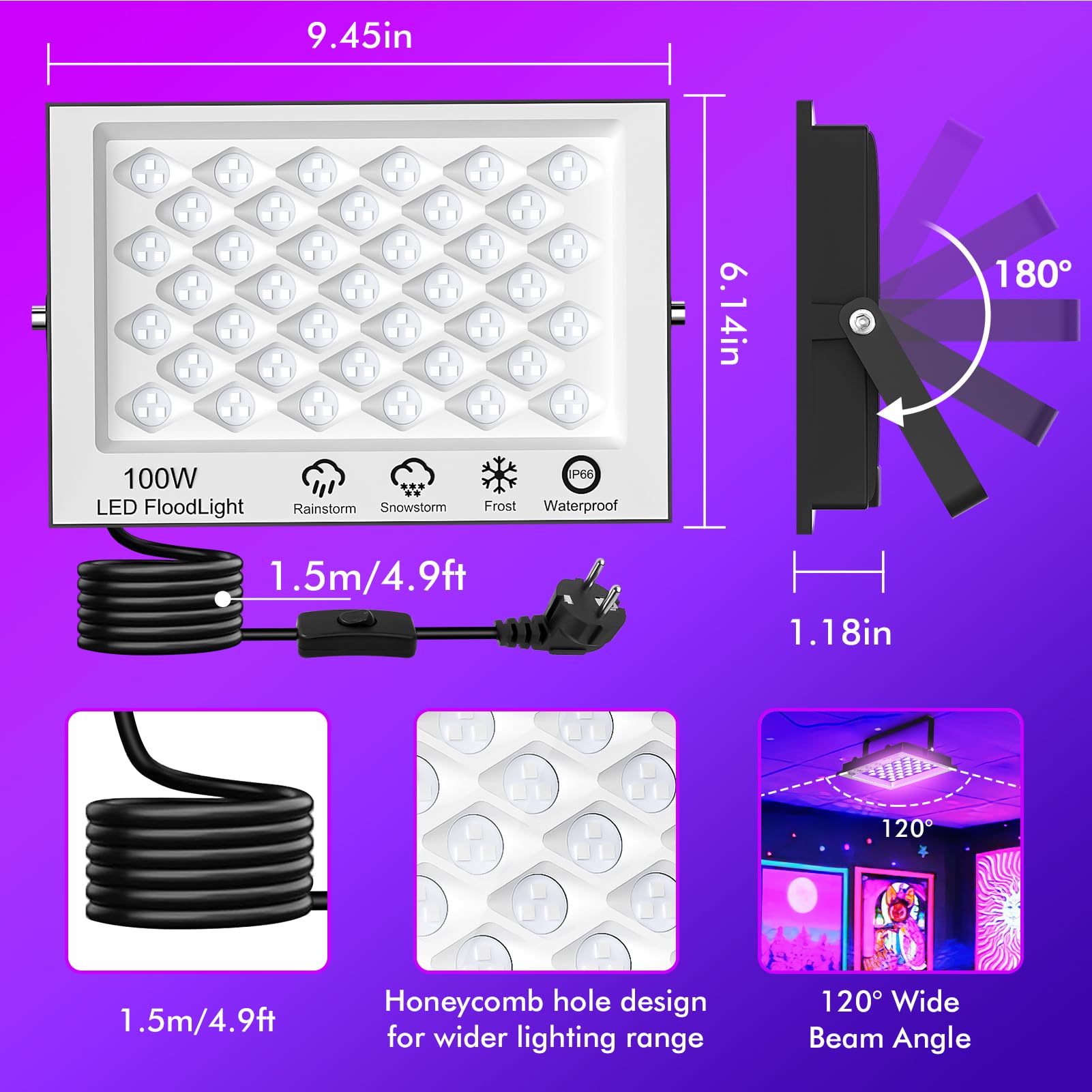 100W LED Luz Negra, Luz Ultravioleta con Enchufe, 1.5m Cable, Interruptor, 385-400NM Luz Negra Ultravioleta, IP66 Impermeable Luz UV Fiesta de Navidad, Halloween, Fiesta, Pintura Corporal