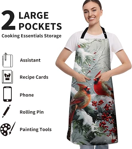 Miniatura 5 de Delantales de invierno con 2 bolsillos, diseño de pájaro cardenal para Navidad, vacaciones, nieve, escena, ajustable, para mujeres y hombres, para