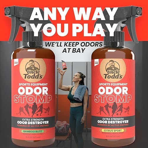 Miniatura 7 de Uncle Todd's Odor Stomp Sports Equipment Eliminador de olores en espray  Desodorizador de enzimas extra fuerte para fútbol, hockey, bolsas de