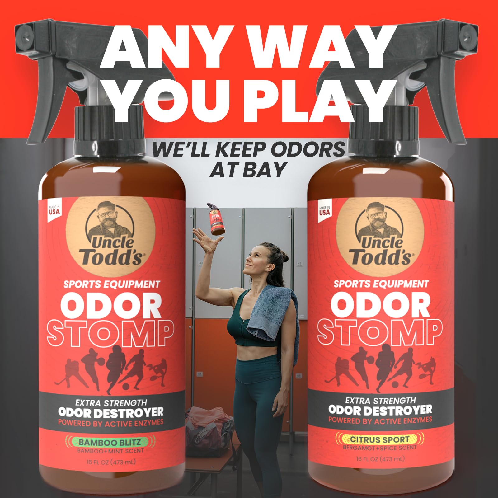 Uncle Todd's Fresh Gear - Espray eliminador de olores para equipos deportivos, desodorante extra fuerte alimentado por enzimas para fútbol, hockey, bolsas de gimnasio y equipo atlético, aroma Bamboo