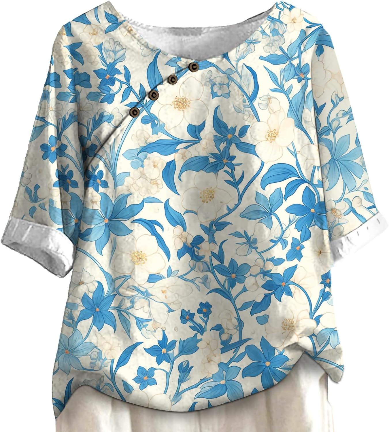 Womens Floral Tunic Top Short Sleeve Loose Fit Blouse Button Detail Summer Shirt Casual Elegant Daily Wear