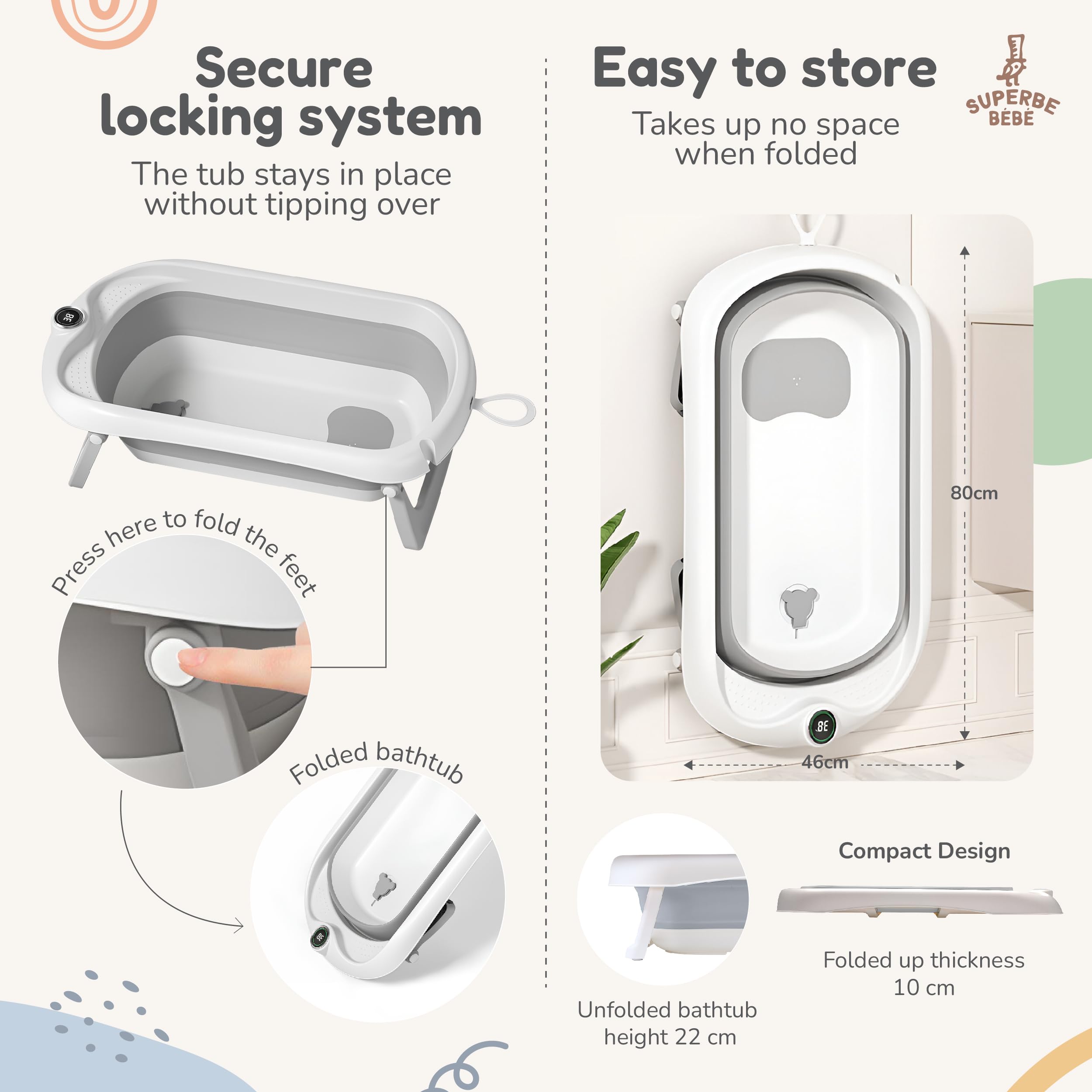 Bagnetto per bambini pieghevole con cuscino da bagno/Vaschetta bagno neonato XL con termometro per il controllo della temperatura dell'acqua/Dalla nascita ai 2 anni / 5 palline di plastica