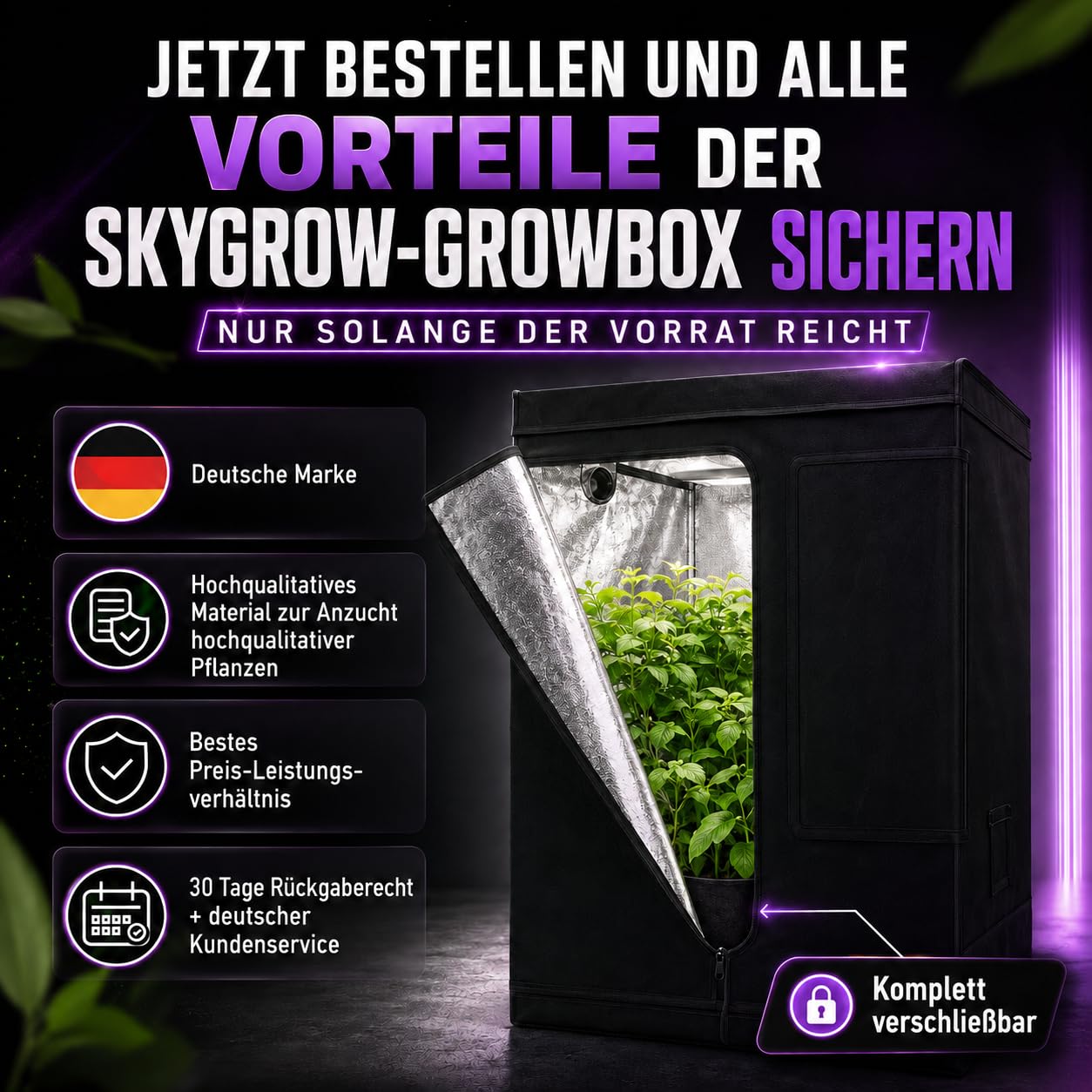 Growzelt/Grow-Gewächshaus-Box 80x80x160 | Stabiles Stahlgerüst, Hoher Reflexionsgrad, Feste Lichtdichte Aussenhülle, inkl. Fenster, Toolbag, Wasserschutzwanne | Zimmergewächshaus