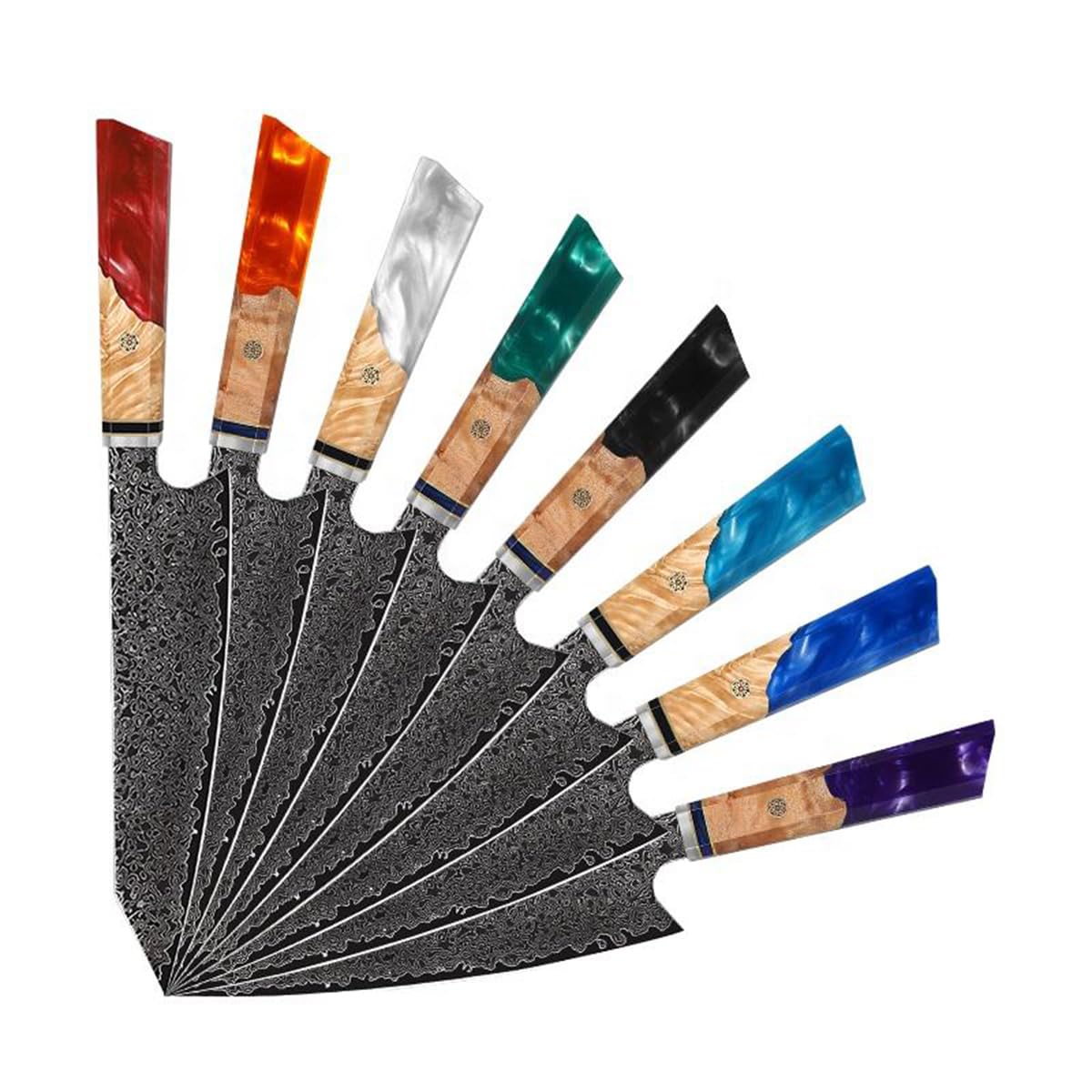 Damascus Kitchen Knife Set 8 Pieces Knife Block Set VG-10 Steel Core 67 Layers of Blades Rockwell Hardness