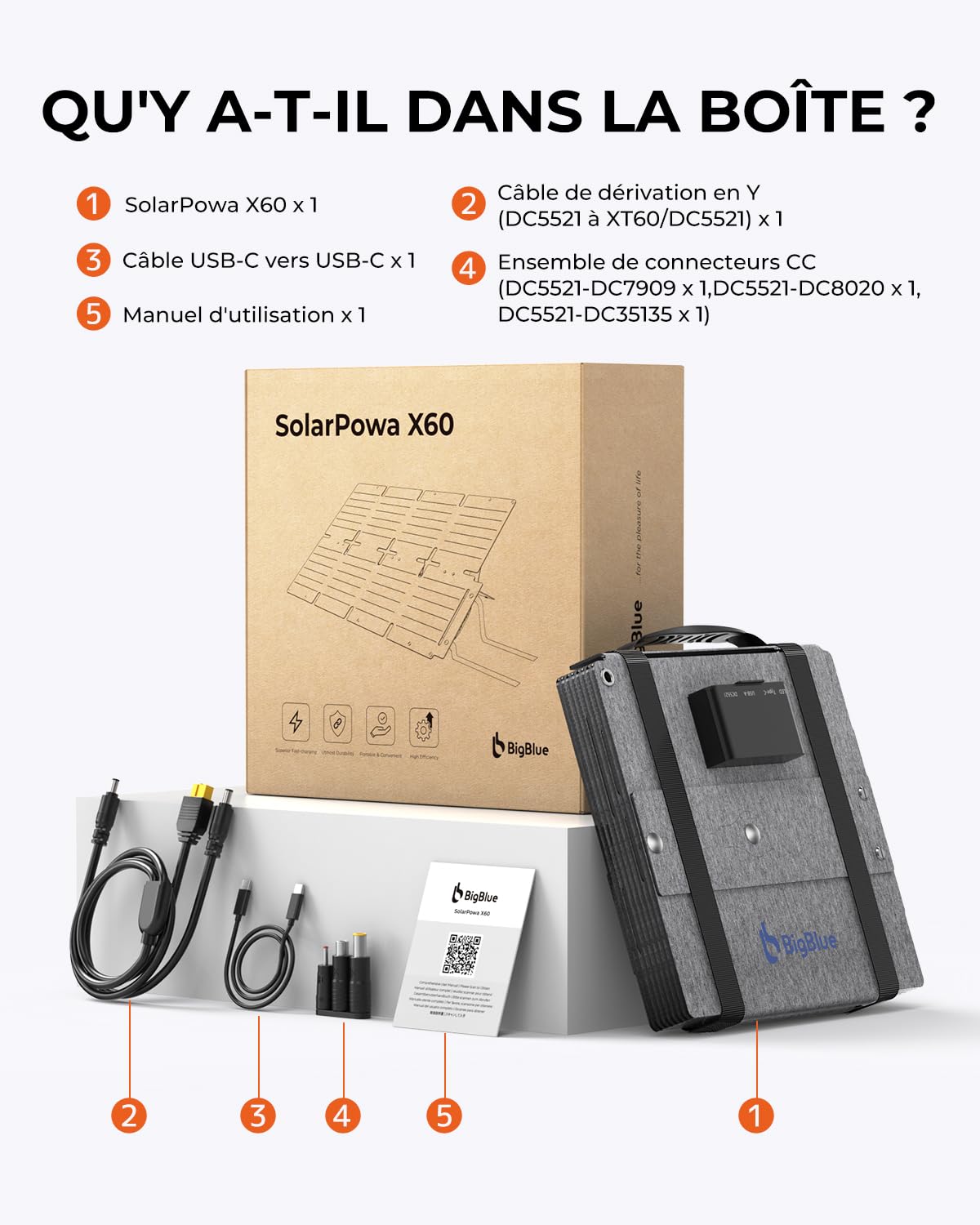 Chargeur Solaire Pliable 60W, BigBlue Panneau Solaire Portable ETFE QC3.0+PD45W+CC Sortie 22,2V【IP68 étanche et Support d'angle】pour Camping, Compatible avec Smartphone Tablette Station d'alimentation