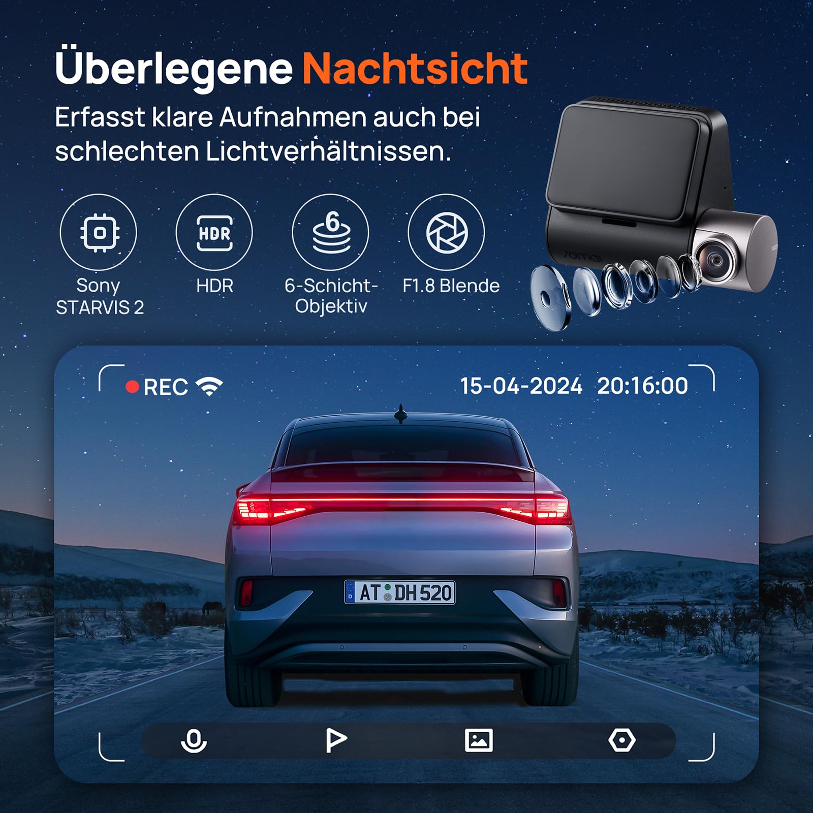 70mai A510 Dashcam 2.7K 1944P+1080P STARVIS 2 Dual HDR Nachtsicht, GPS, G-Sensor, ADAS, 64GB SD Karte