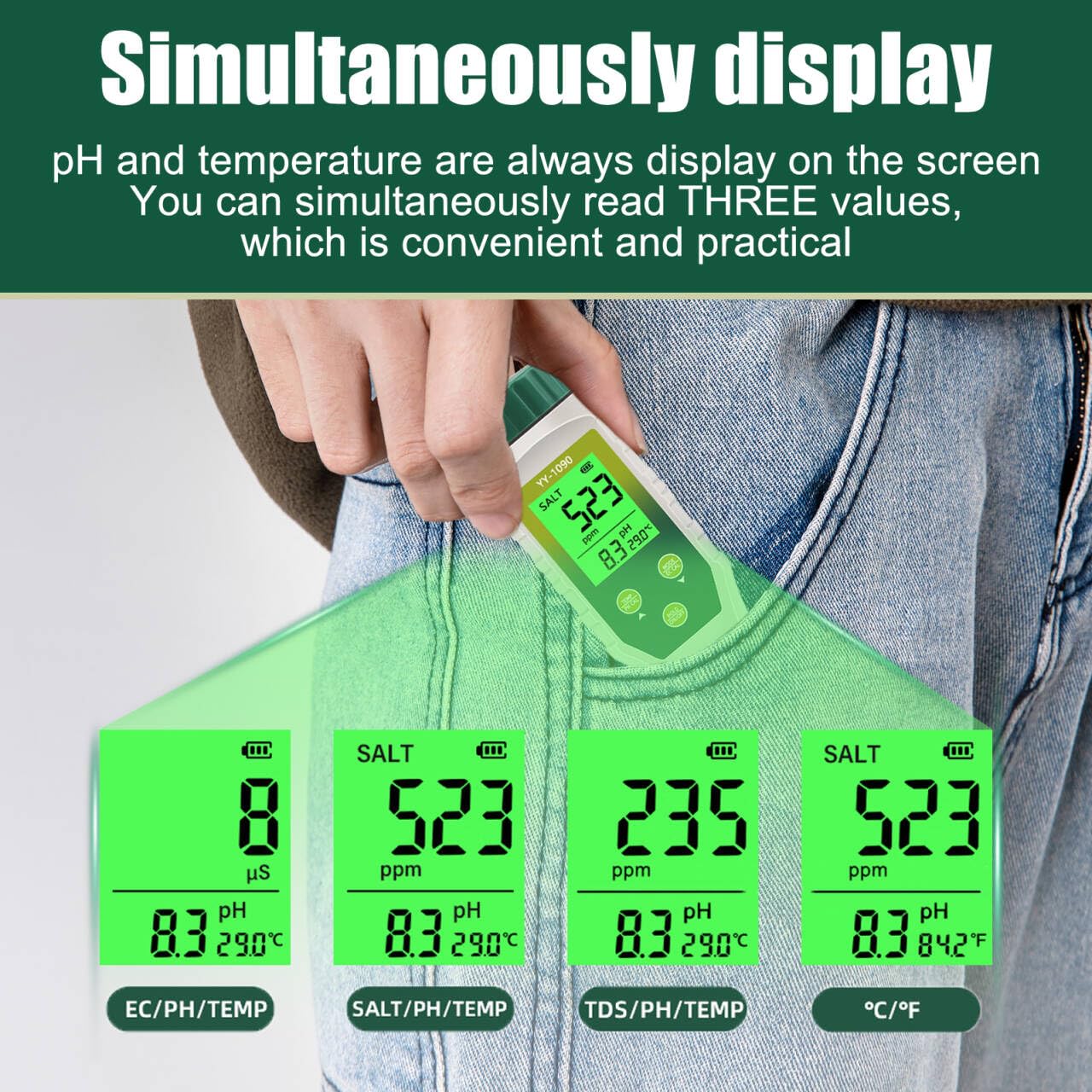 Misuratore PH 5 in 1, PH EC TDS Salinità Temperatura Meter con Innovativo Display Simultaneo Tre Dati, IP67 Impermeabile Tester Salinità PH per Piscina, Acqua Potabile, acquari, idroponia
