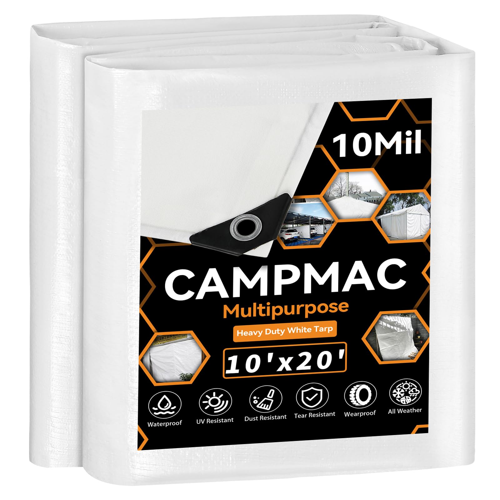 CAMPMAC White Heavy Dut Waterproof Tarp 10' x 20', 10 Mil Thick, High Durability, Rip and Tear Resistant with Metal Grommets Every 20 Inches