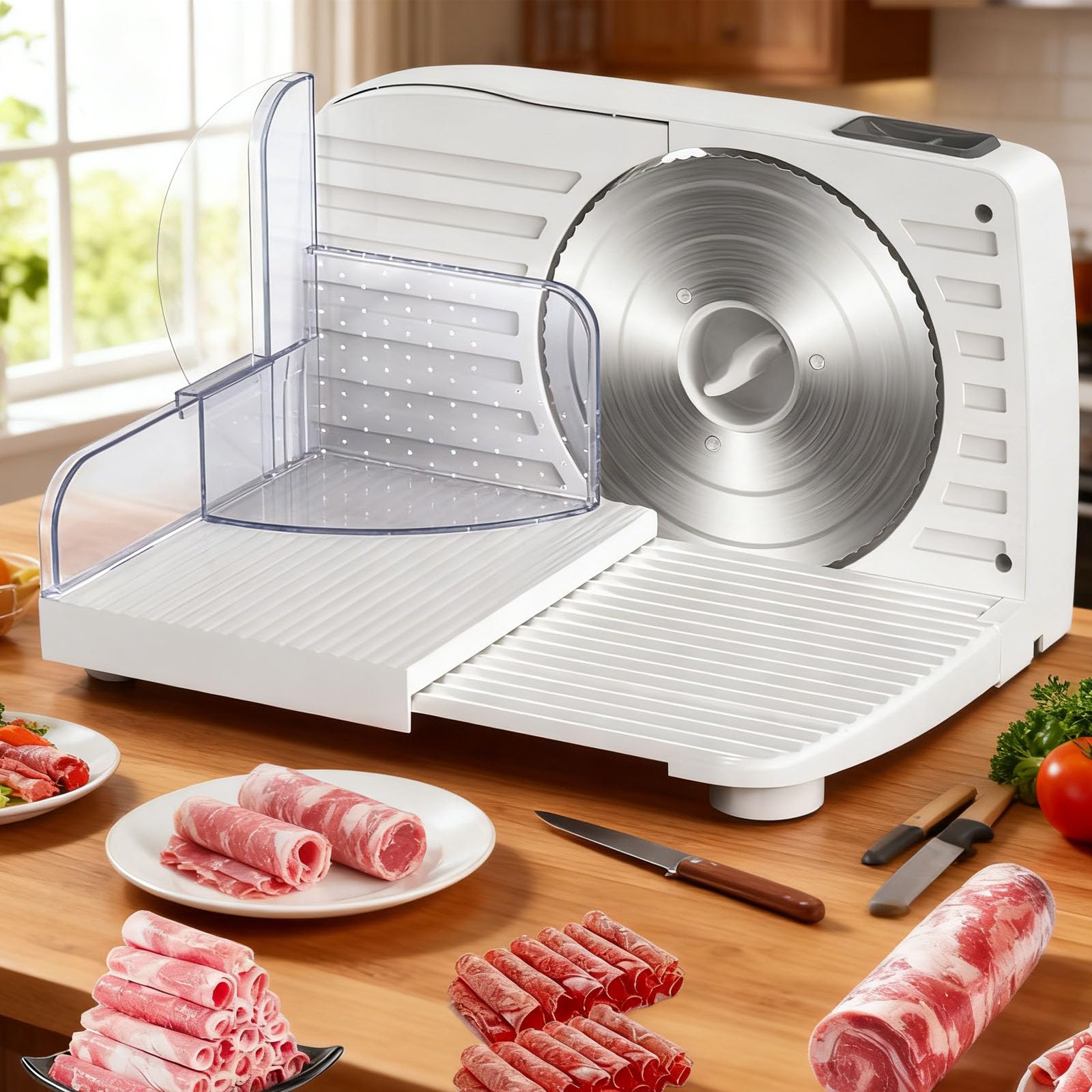 TYH Cortadora De Carne, Cortadora Eléctrica De 250 W para Fiambres, con Motor De CC Silencioso, 2 Cuchillas Extraíbles De Acero Inoxidable De 19 Cm (7,5"), Grosor Ajustable De 1 a 15 Mm