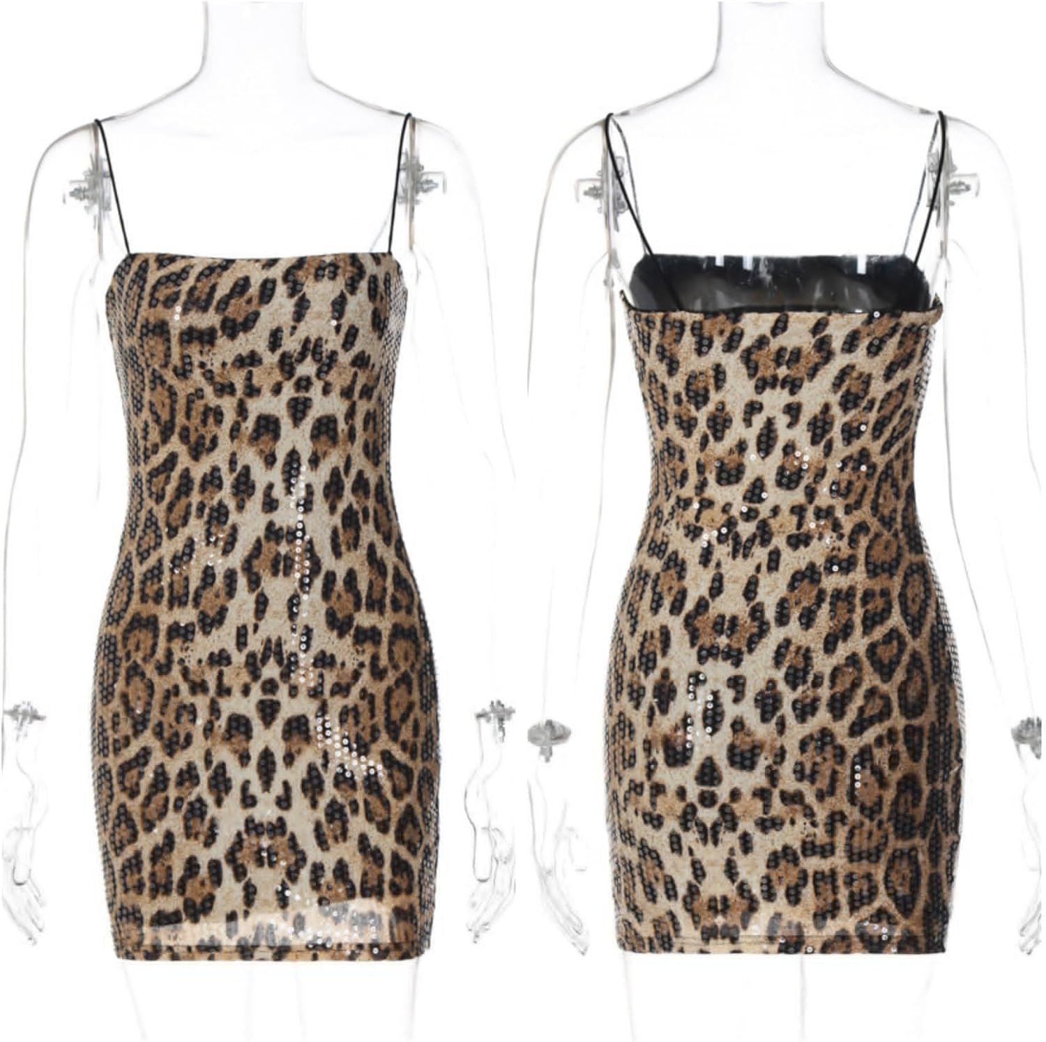 Women's Glitter Sequin Leopard Print Mini Dress Sexy Sleeveless Spaghetti Strap Bodycon Short Dress Party Club Dress - Image 5