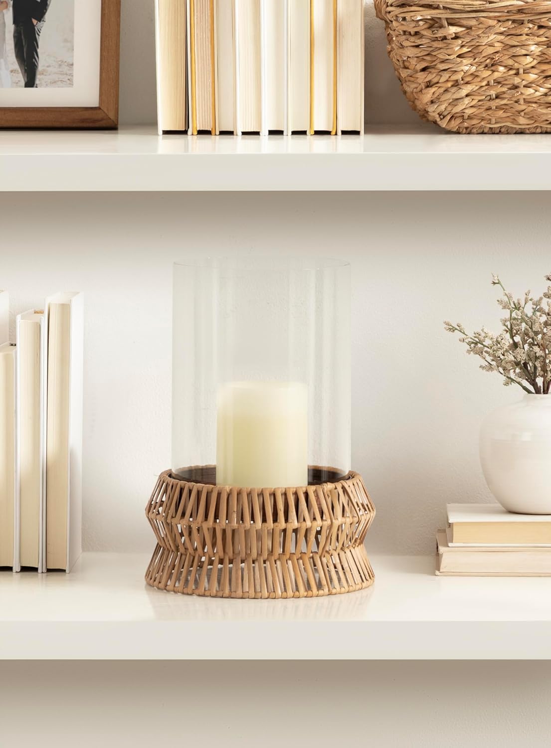 Kate and Laurel Rashana Modern Boho Rattan Pillar Candle Holder, 8 x 8 x 11, Natural, Coastal Hurricane Candle Holder with Glass Cylinder for Living Room Decor
