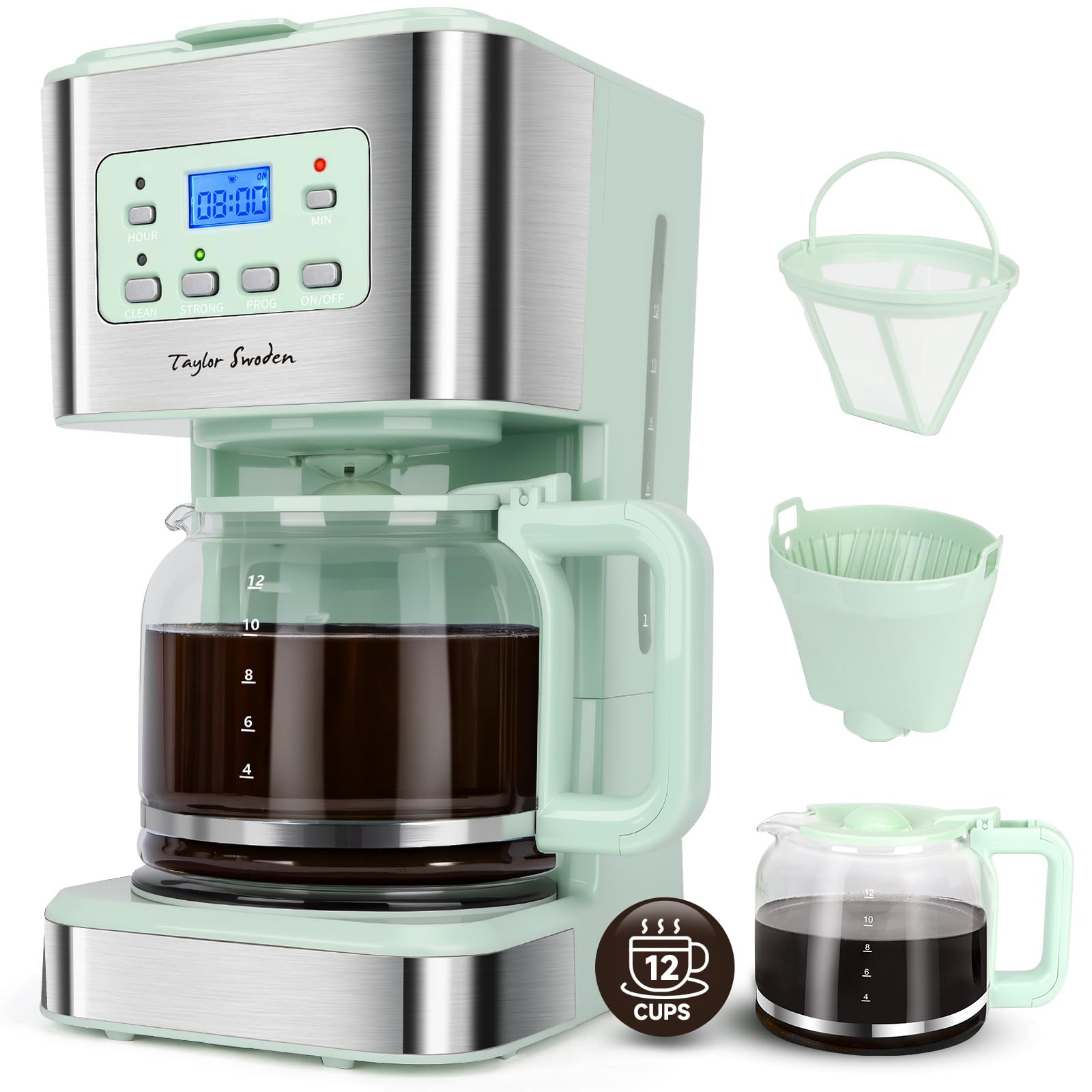 Taylor Swoden Kaffeemaschine mit Timer, 1.5L Filterkaffeemaschine 12 Tassen, Abschaltautomatik, Tropf-Stopp, Wiederverwendbarem Filter und Heizplatte, BPA-frei, 950W, Grün