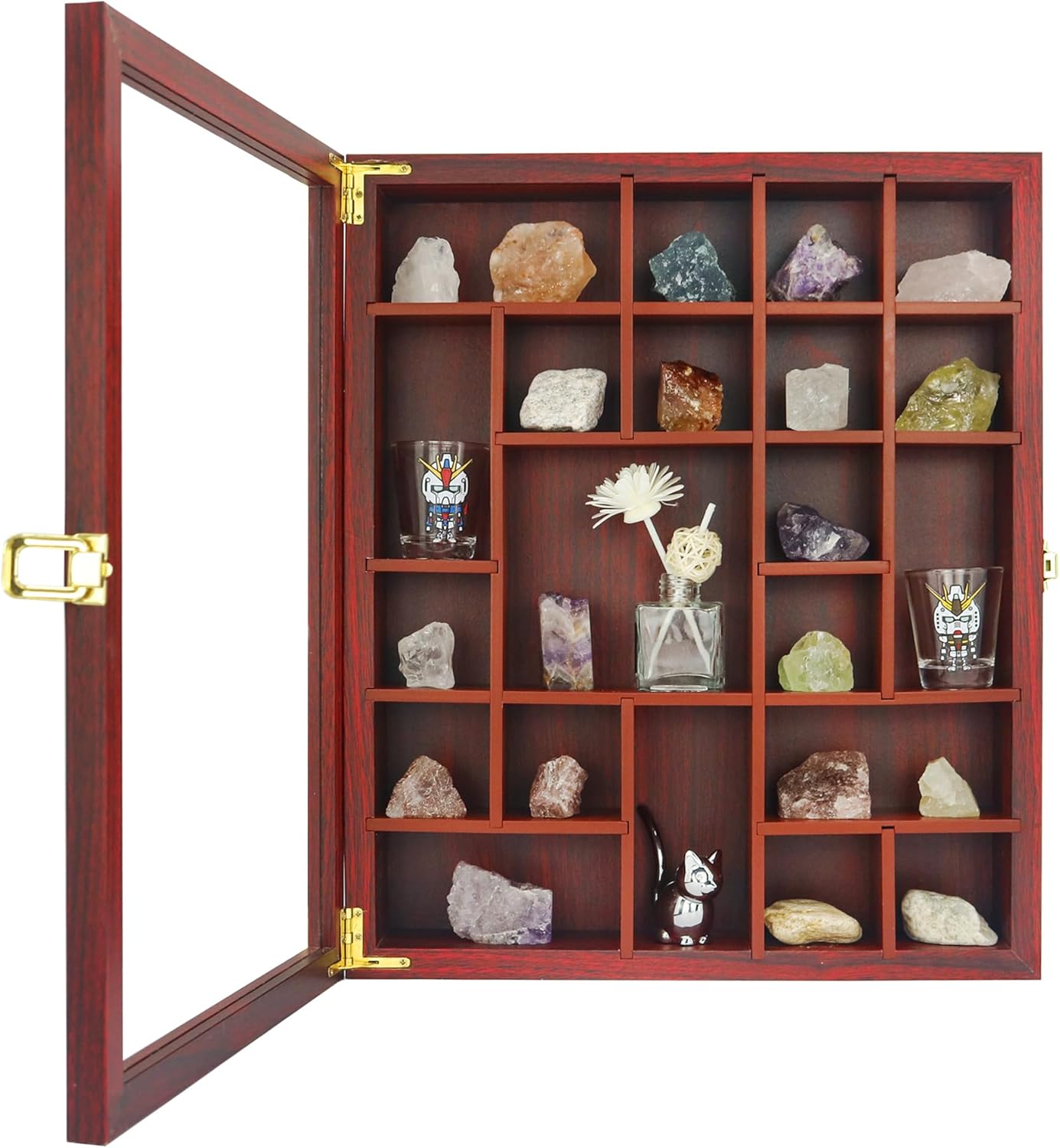 Rock Display Case - Adjustable Mineral Collection Box with Glass Lid, Wooden Cabinet for Rock, Fossil, Crystal, Seashell Collections - Geology Gift for Adults/Kids (16" x 13.5", Cherry) Cherry?adjustable) 16"x13.5"x3.2"