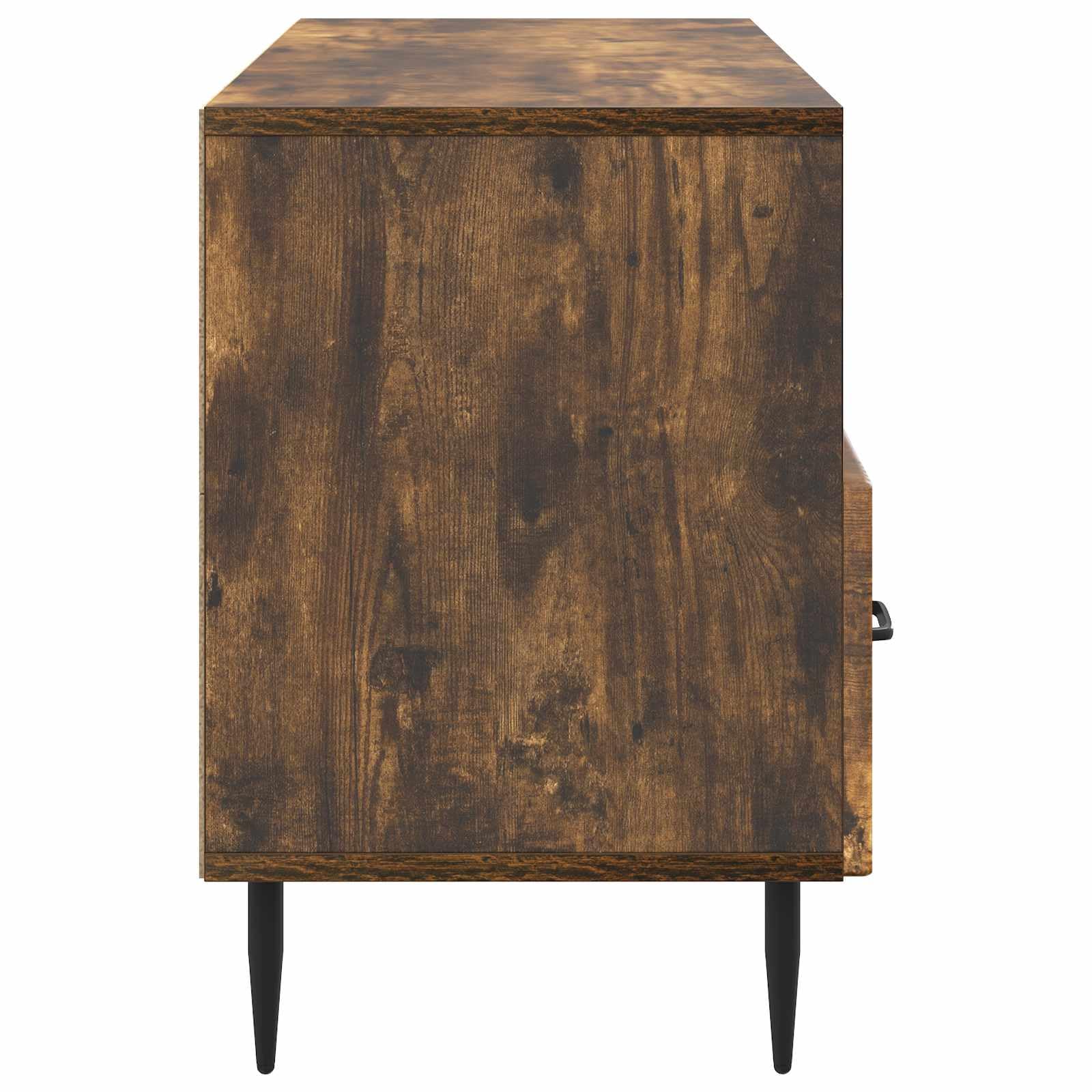 Szafka pod telewizor, dąb wędzony, 102 x 34,5 x 50 cm, materiał drewnopochodny z 3 szufladami, metalowe nogi czarne, meble multimedialne do salonu, kina domowego, porządek