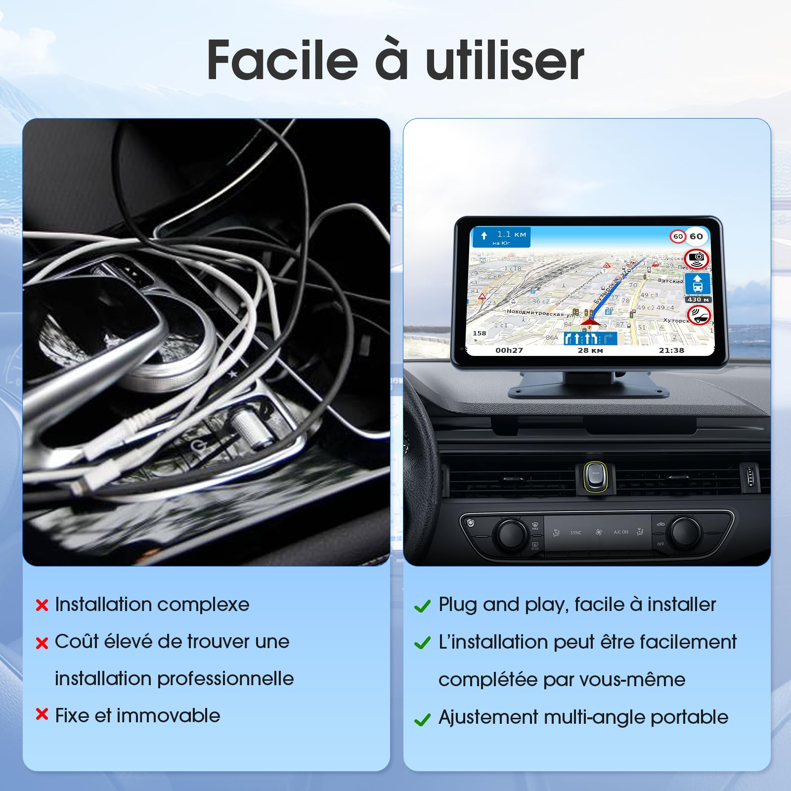 Haudio Portable CarPlay Voiture et CarPlay & Android Auto sans Fil, 7 Pouces Ecran Tactile avec Caméra de Recul, Bluetooth, Mirror Link, GPS, Commande Vocale, for Divers Véhicules