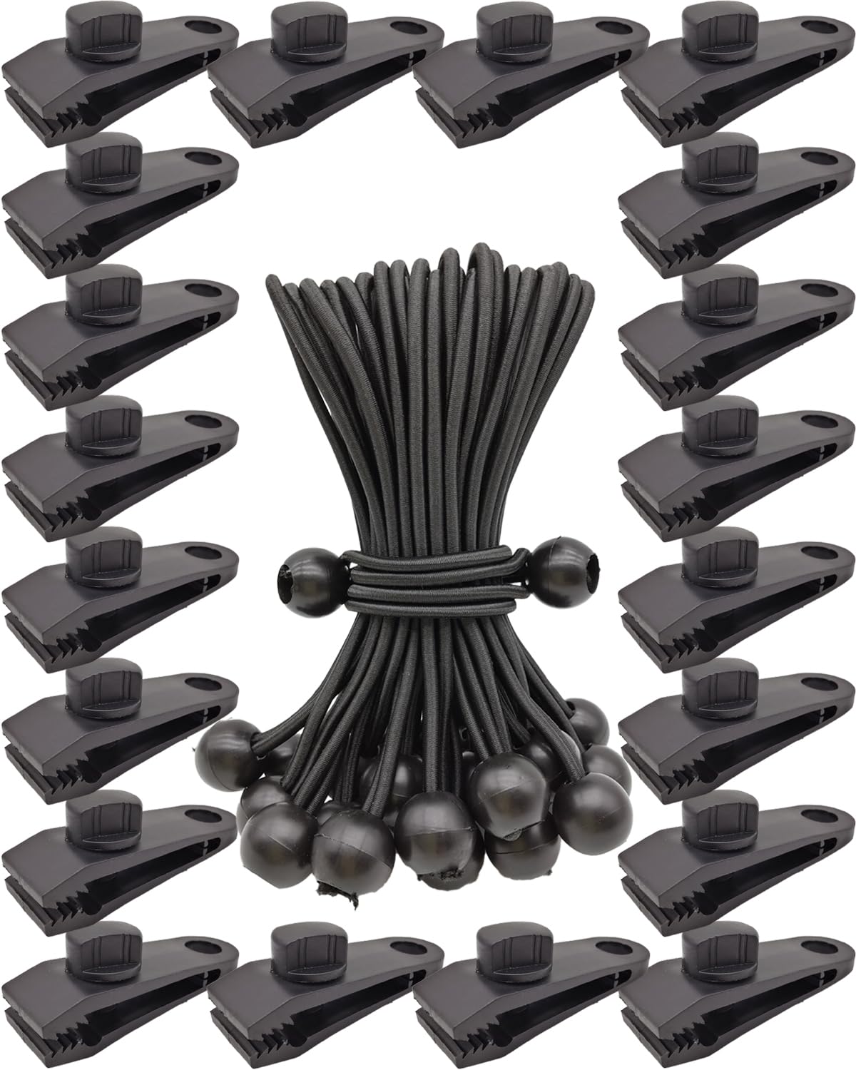 20 Pack Tarp Clips Lock Grip and 20 Pack Ball Bungee Cords 6 Inch