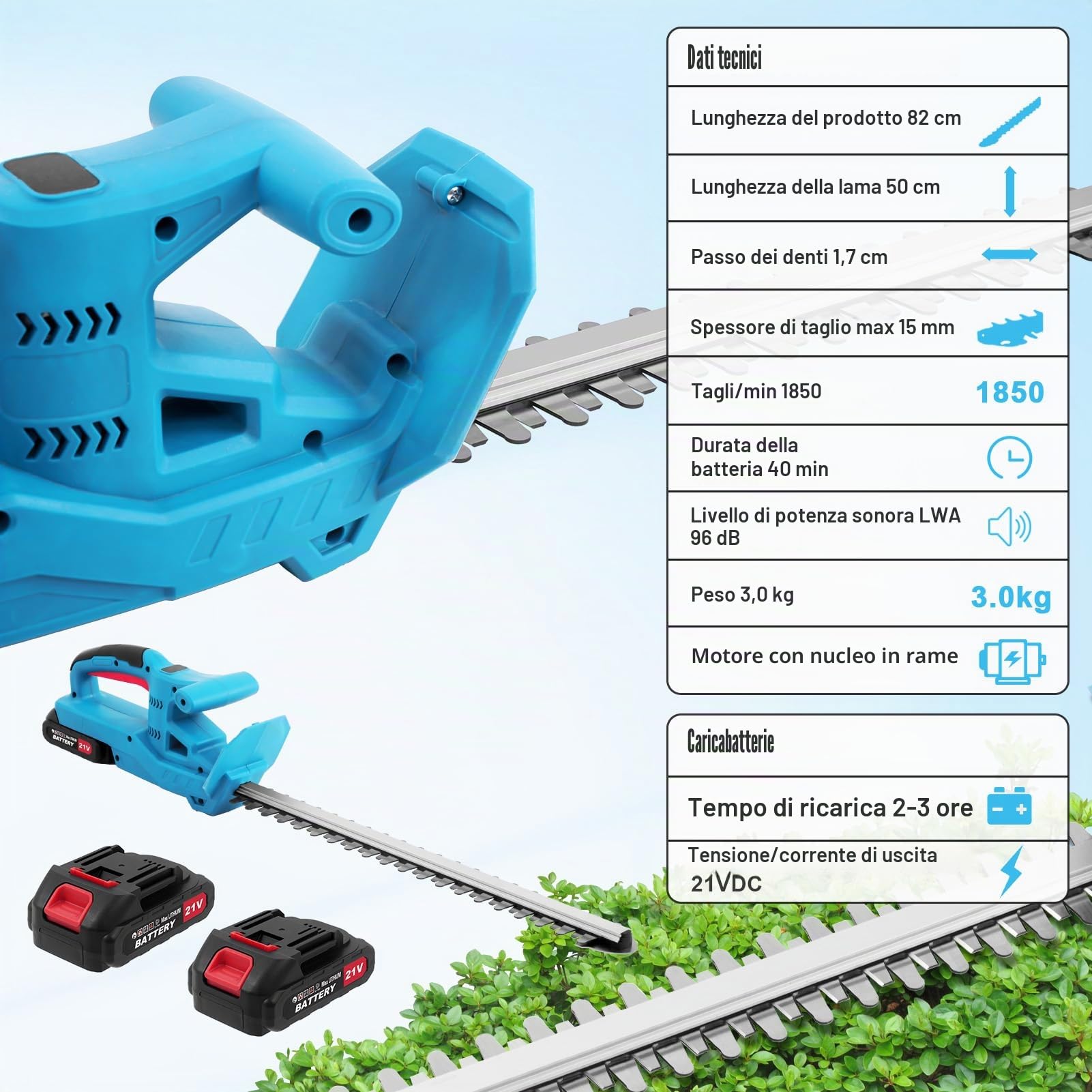 Tagliasiepi a batteria, 21 V, elettrico da giardino, batteria con 2 batterie e caricabatterie, lunghezza di taglio 50 cm, distanza tra i denti 17 mm, lama doppia azione, con display LED, custodia