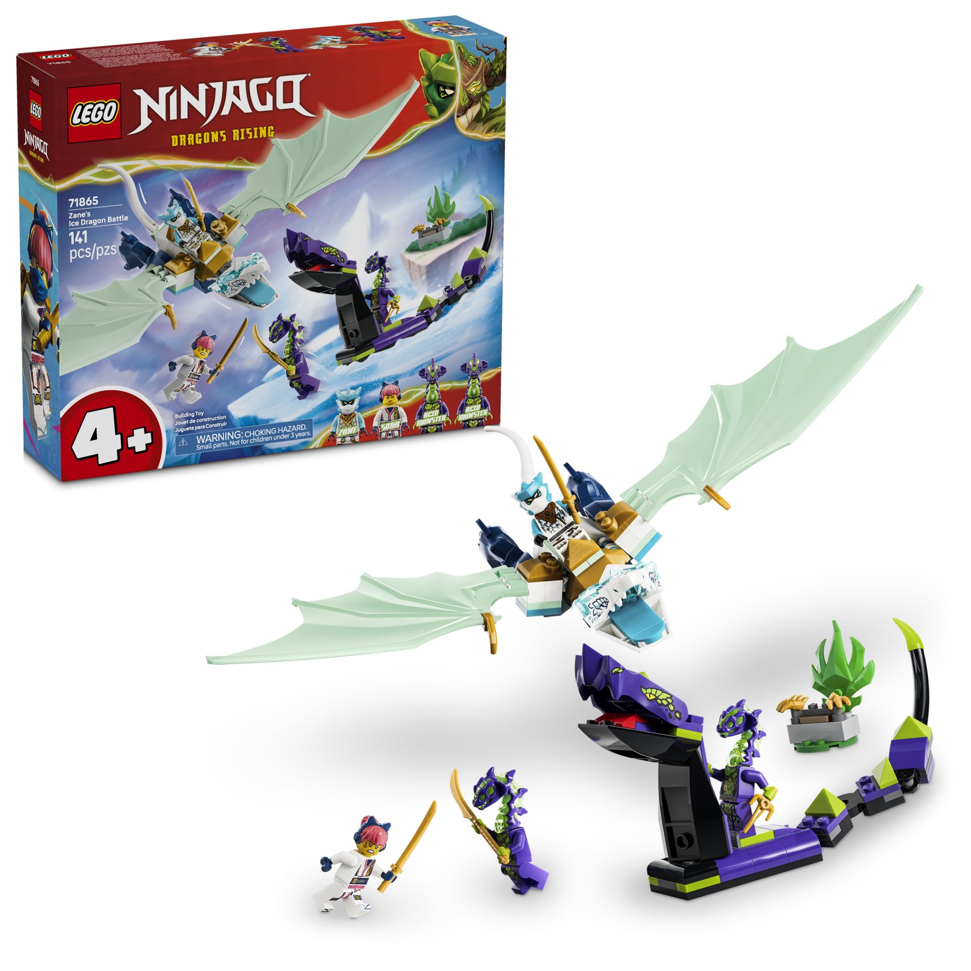 NINJAGO Zane's Ice Dragon Battle 71865 | Building Toys for Boys & Girls, Ages 4+, Posable Snake & Dragon Figures, Pretend Play, 4 Minifigures, 141 pieces, Gift Idea