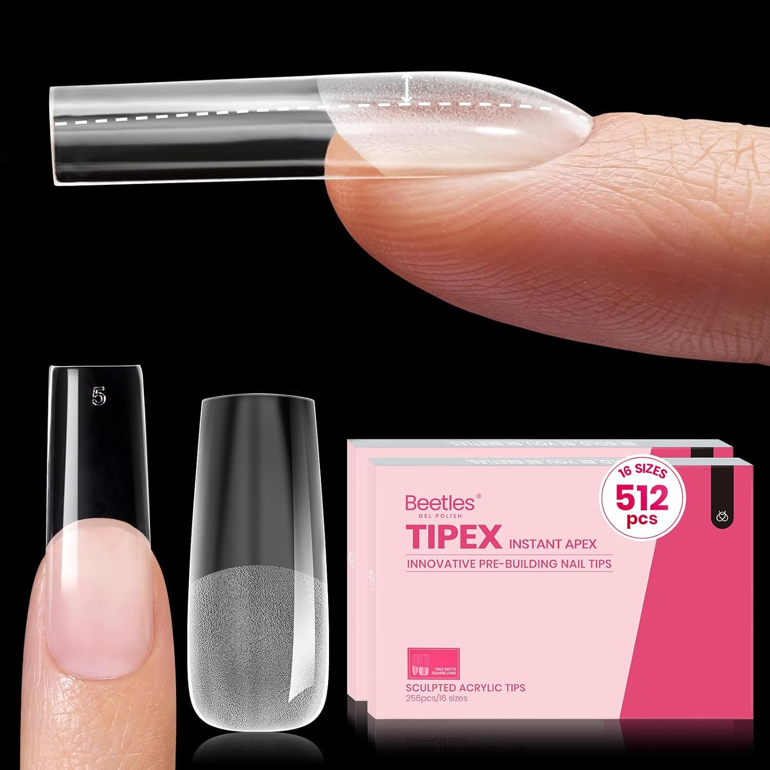 Beetles Tipex Instant Apex Nail Tips, 512Pcs Square Long Pre-Building & Pre-Etched Gel Nail Tips Thicker Acrylic Nails Strong Full Cover False Nail Extension Building Gel Nails for Flat Nails 16 Sizes