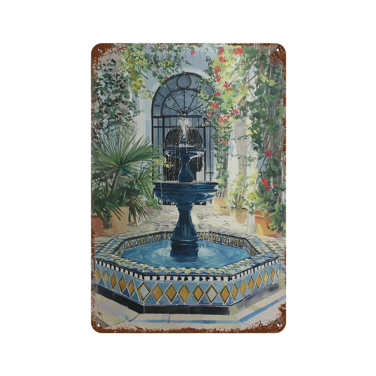 xiaoxiaoshen Andalusian Courtyard Mediterranean Spanish Fountain Moorish Architecture Travel Wall Decor Art Metal Tin Poster Modern Home Decor Art Home Bar Shop Decorations Vintage Sign 30x20cm