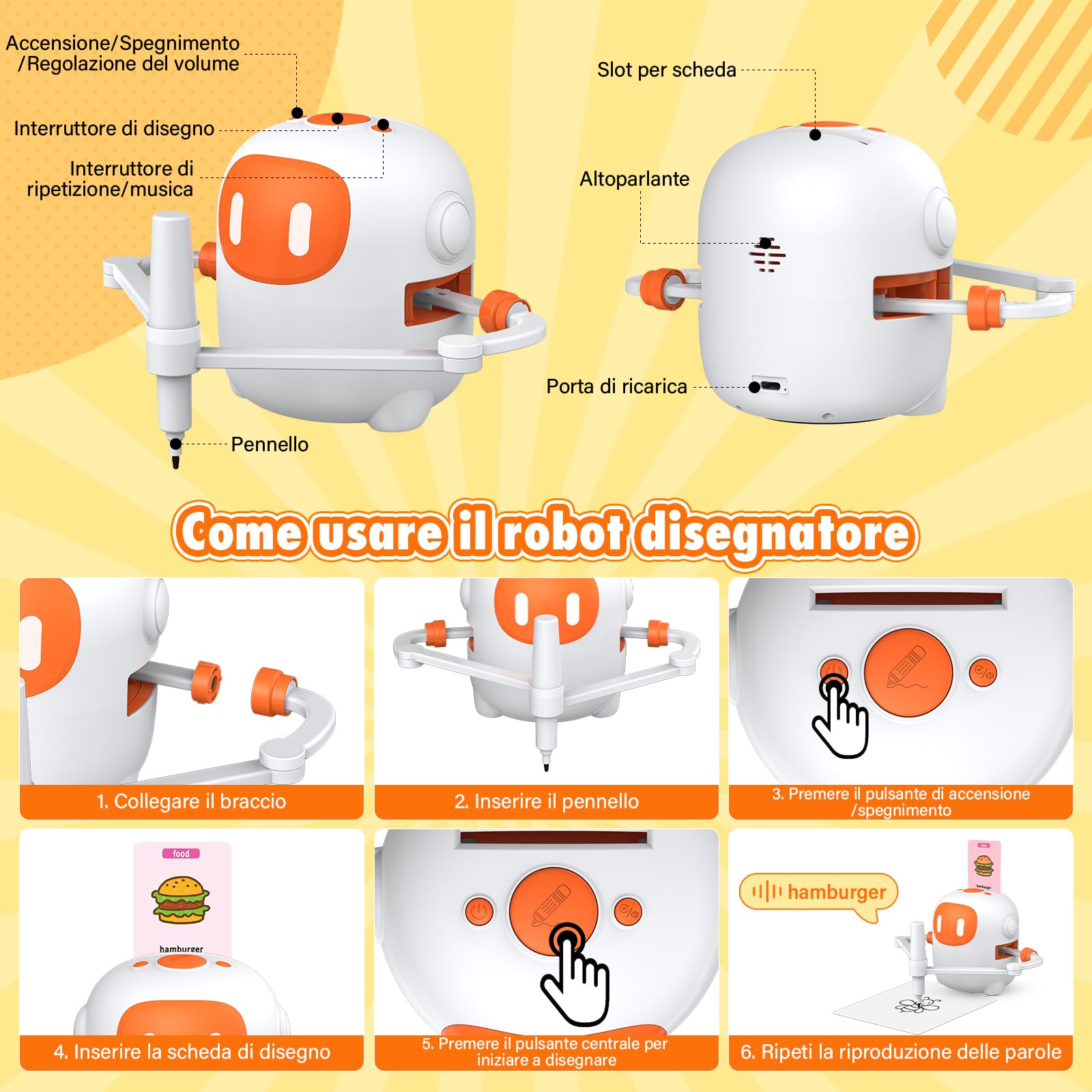Robot da Disegno per Bambini con 100 Schede e 12 Pennarelli, Giocattolo Robot con Interazione Vocale, Migliora Concentrazione e Pazienza, Bambini Sopra i 3 Anni, Bianco