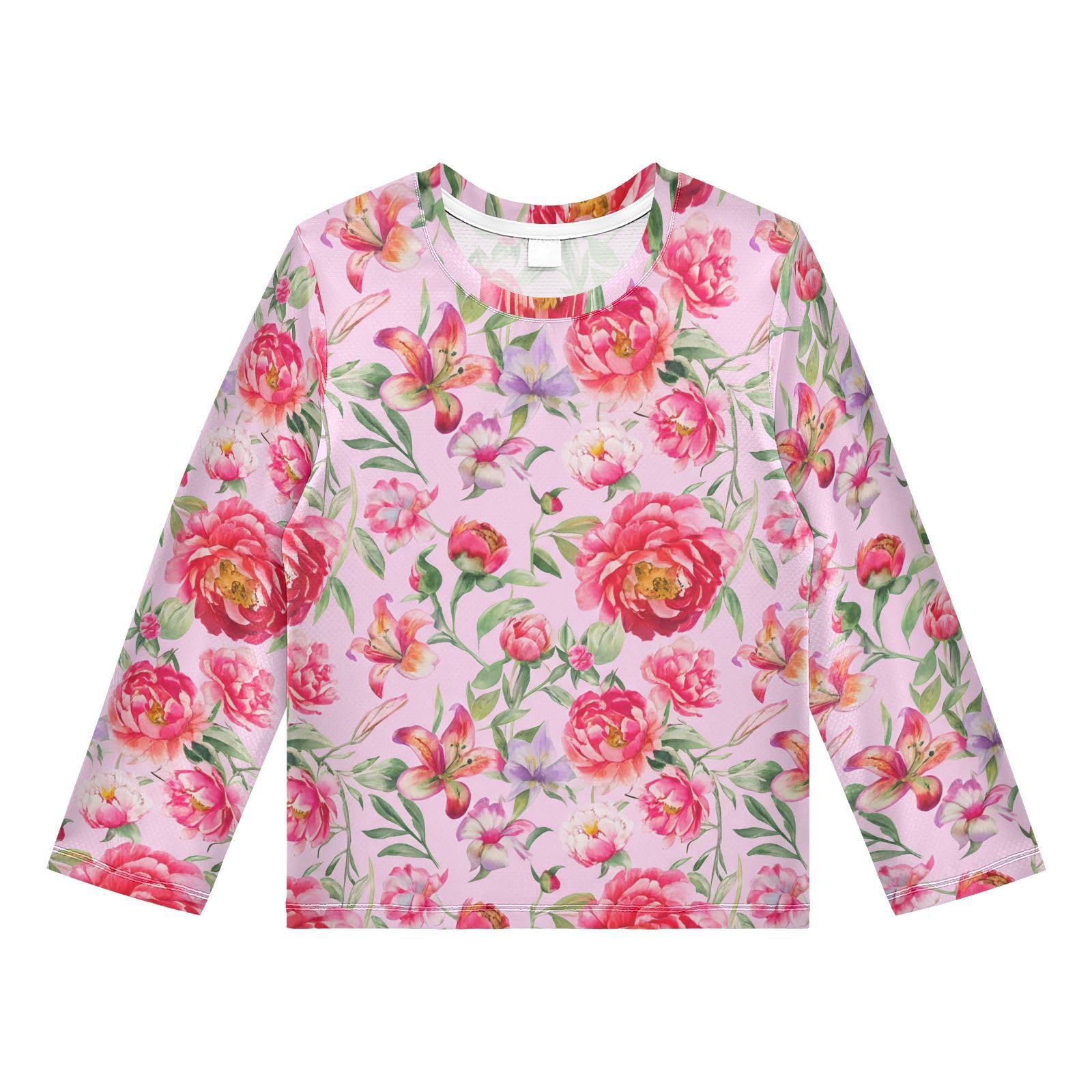Peonies Lilies Floral Pink Rash Guard Shirt for Boys Sun Protection Shirt for Kids Toddlers UPF50+ 5-6T