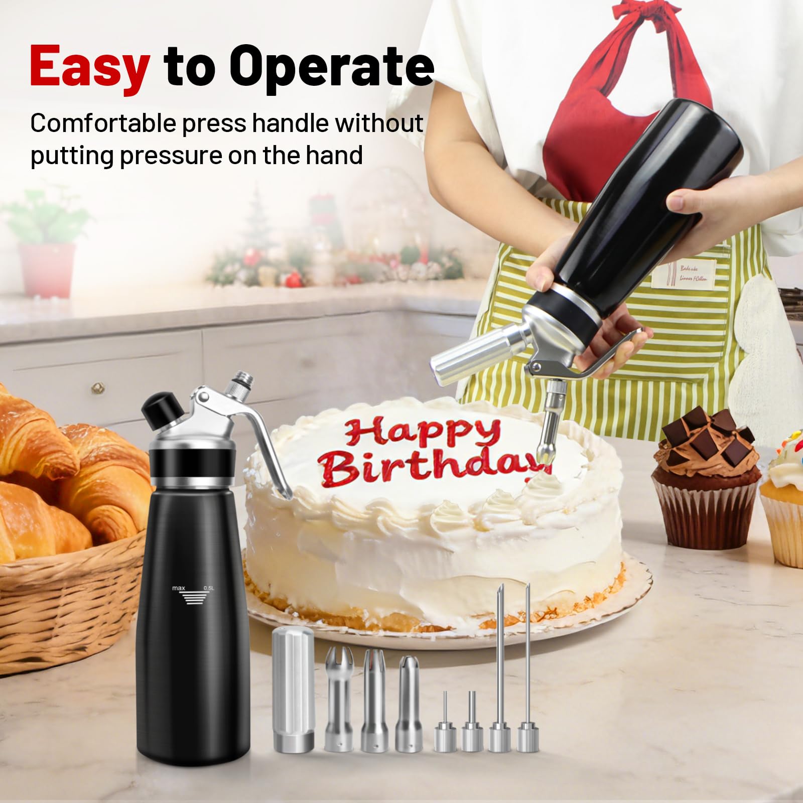 Sifón de Cocina,500 ml sifón de Cocina espumas,sifon de Nata Aluminio para Espumas Dulces Y Saladas Nata Mousse,con 3 boquillas Acero Inoxidable