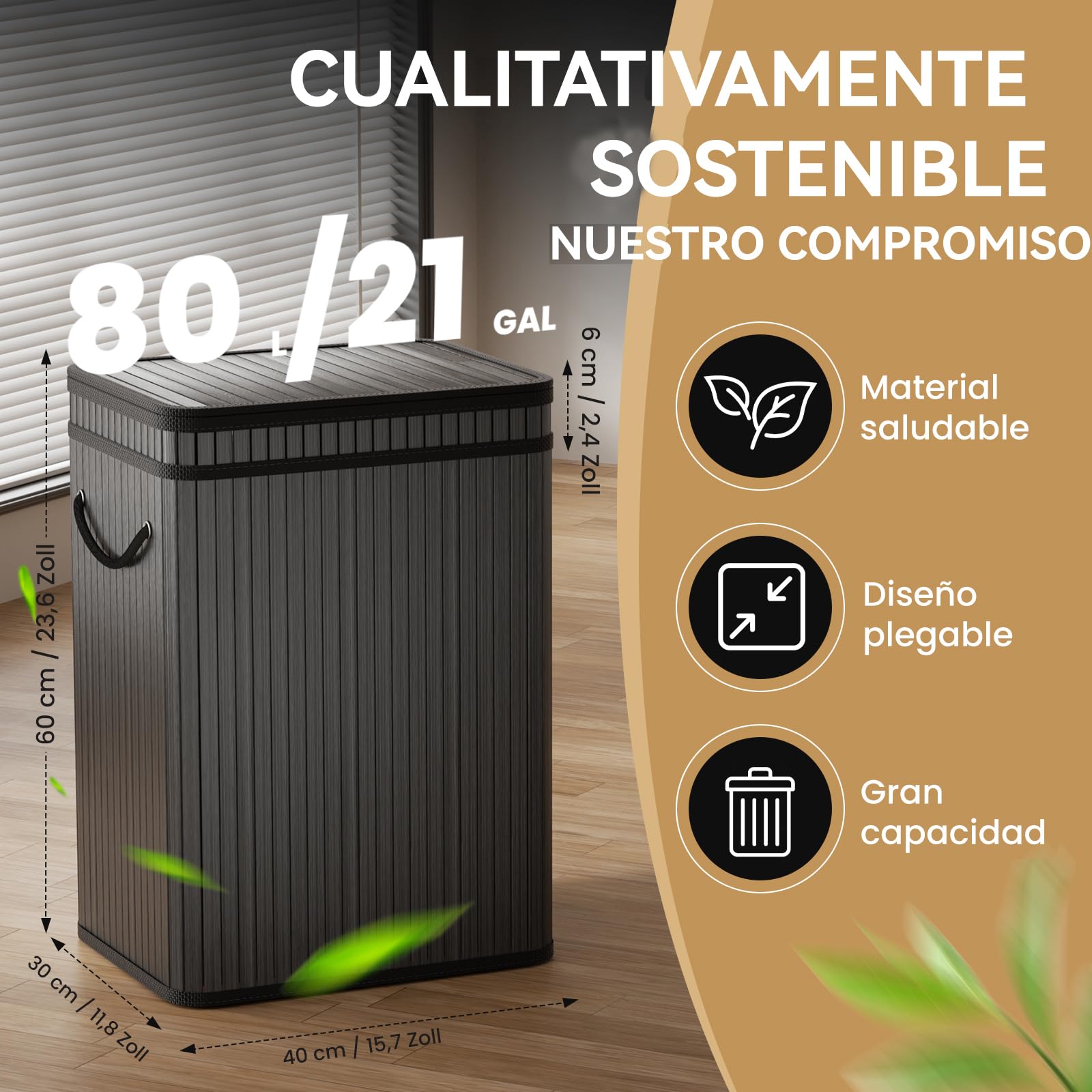 Cubo de basura grande de 80 litros/21 galones con tapa,Cubo de basura/cubo/cesta de basura para exteriores para el hogar, de bambú, para exteriores, hogar, oficina, cocina, 40 x 30 x 60 cm (negro)