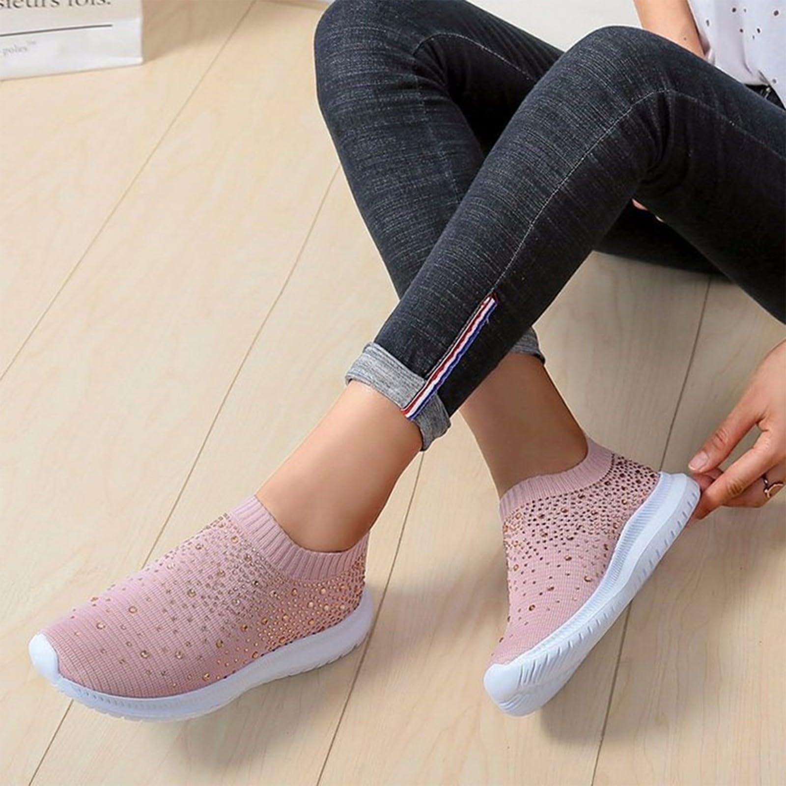 Scarpe da passeggio da donna, slip-on, estive, con strass, larghezza H | Scarpe da ginnastica, senza lacci, per il tempo libero, in rete, traspiranti, per corsa, fitness, attività all'aperto