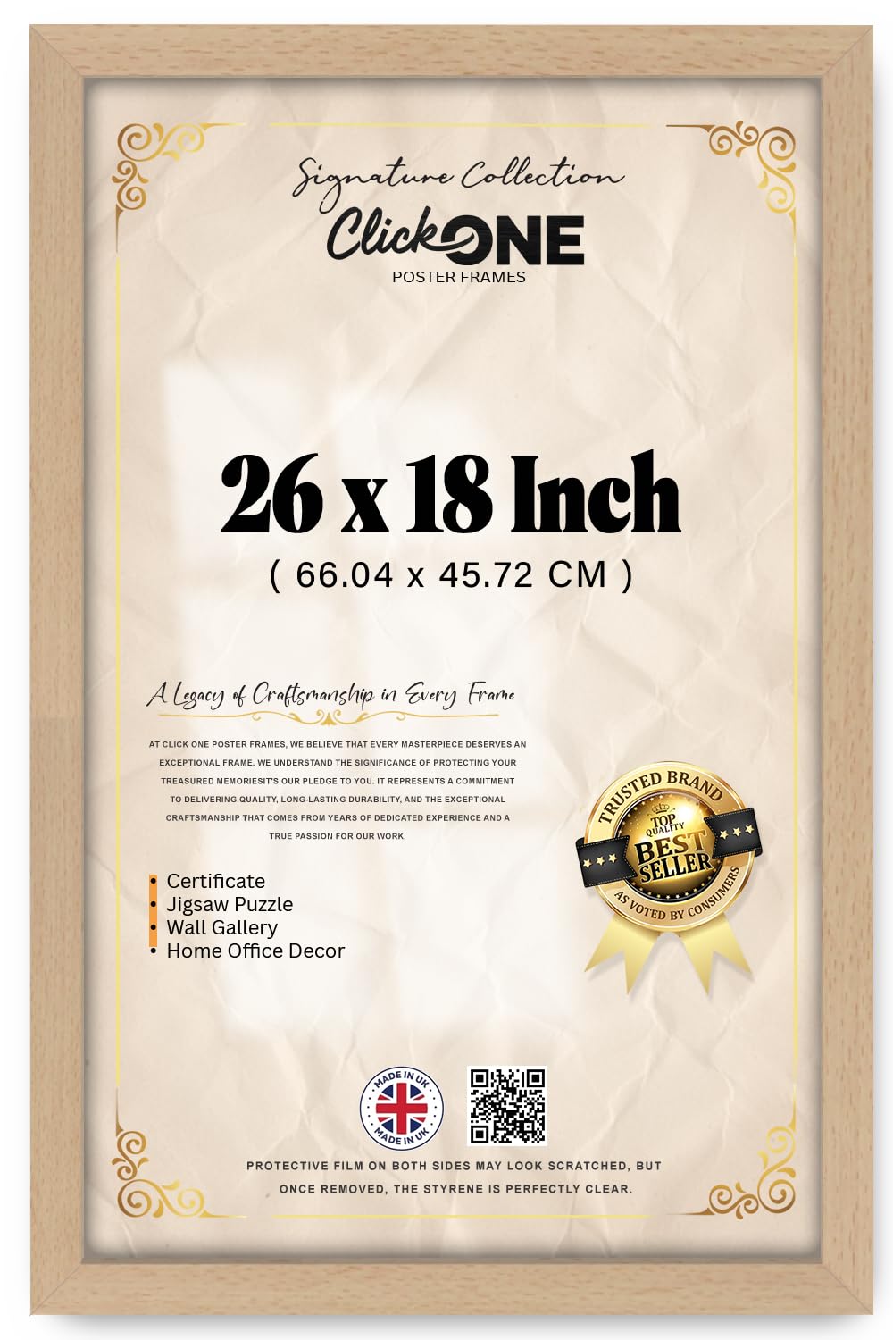 Click One 26 X 18 Inch Poster Frame Beech Engineered Wood Photo Frame For Wall Vertical And Horizontal Display With Mounting Hardware Included 66.04 X 45.72 CM Clear Protective Face And Easy Hang