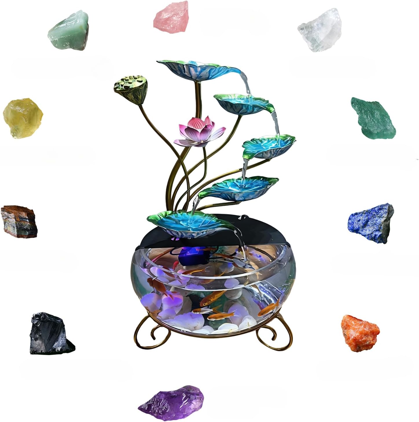 Indoor Tabletop Fountain Fish Tank Decor | 5-Tier Lotus Waterfall + Fish Tank + Crystal Beads + LED Lights + Quiet Pump + Free 10 Crystals | Meditation, Relaxation Feng Shui Home Decor (D Style)(F Sty