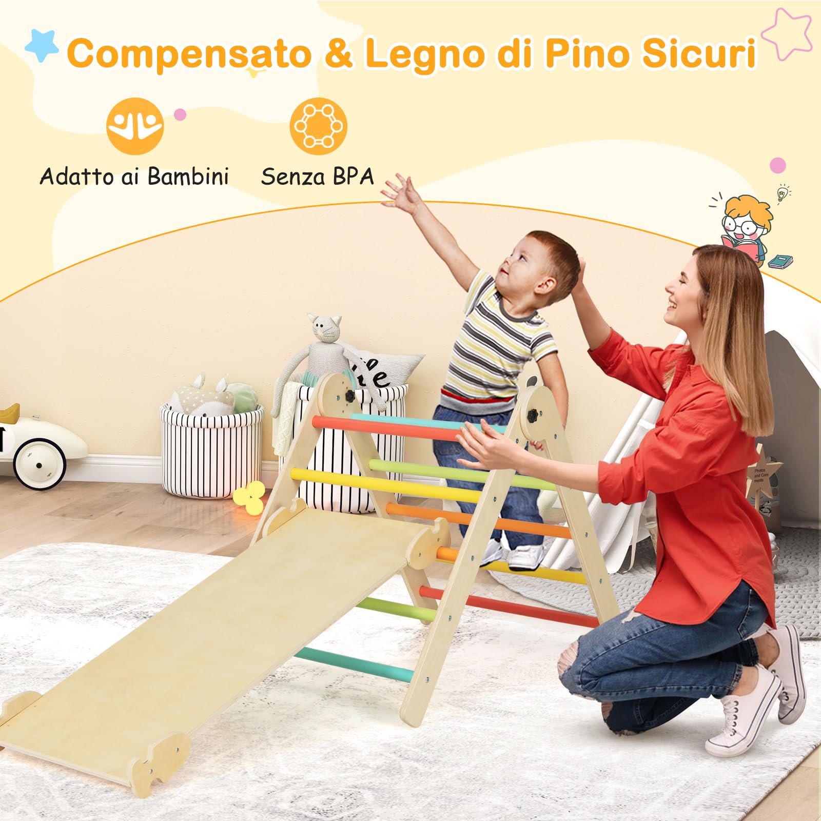 COSTWAY 3 in 1 Set da Arrampicata per Bambini, Giocattoli da Arrampicata Triangolari Pieghevoli, Altezza Regolabili, con Scivolo/Rampe da Arrampicata, Carico 60 kg (Colorato)