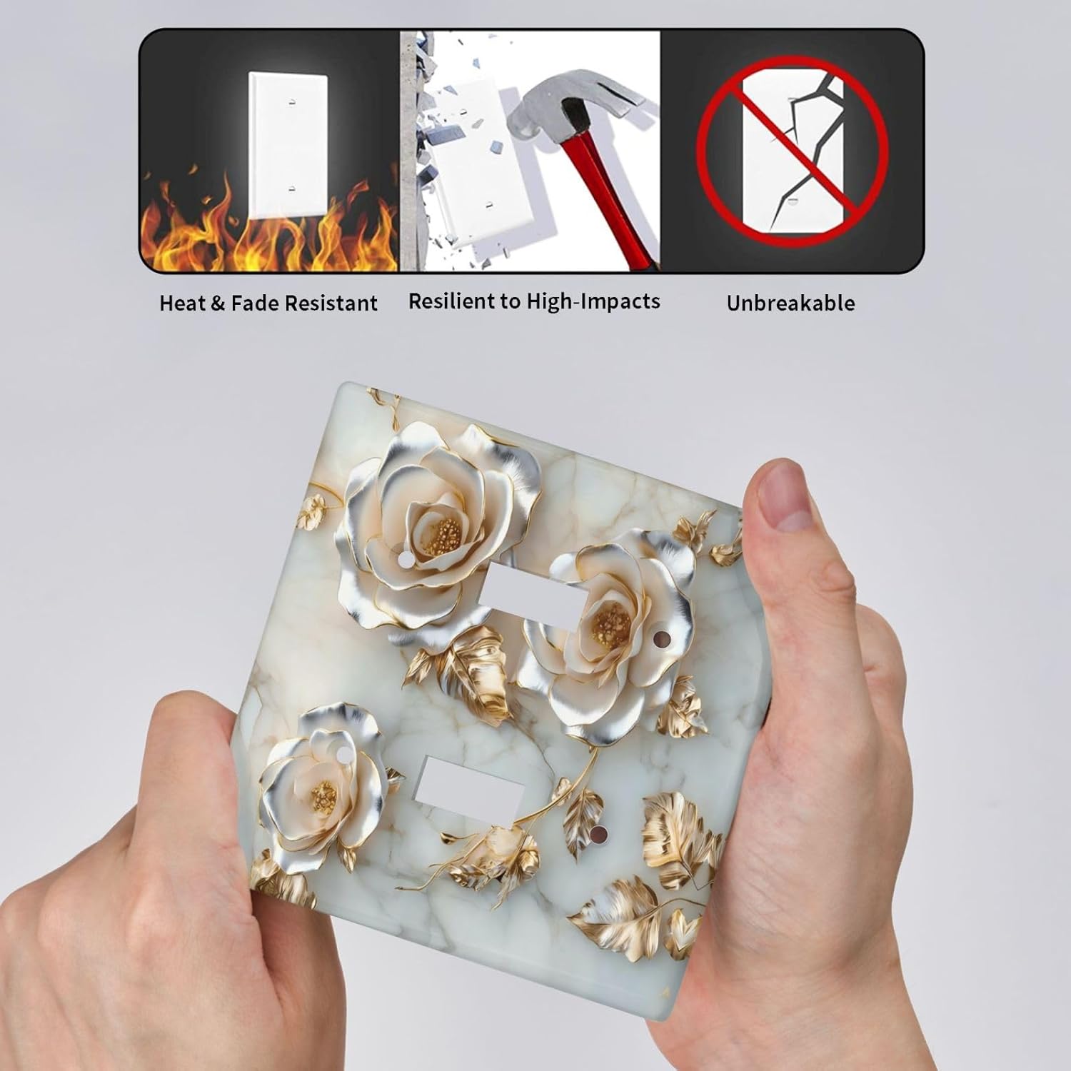 Decorative Art Light Switch Covers Marble Metallic Roses Switch Plate Cove 2 Gang Double Toggle Wall Plate Decorative Switchcover Electrical Switchplate