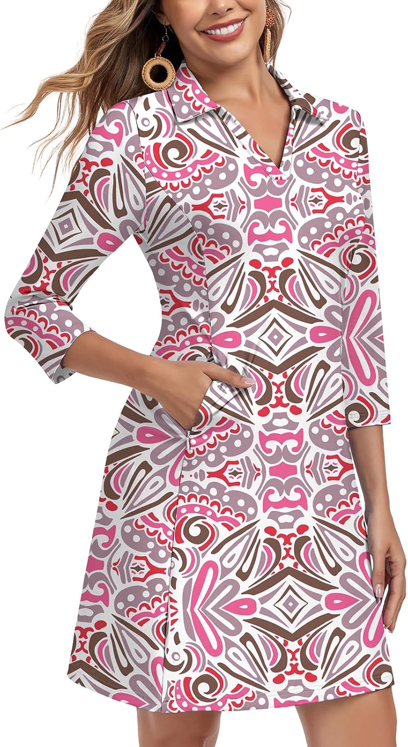 WOWENY 3/4 Sleeve Dress for Women with Pockets V Neck UPF 50+ Casual Sun Dress Breathable Quick Dry Beach Vacation - Image 2
