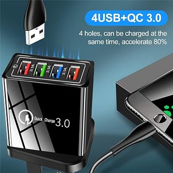 Hyper Charge Pro, 4-Port Quick Charge 3.0 Hub with Temp Control & Fast Charging, USB Plug Fast Charging (1, Black)