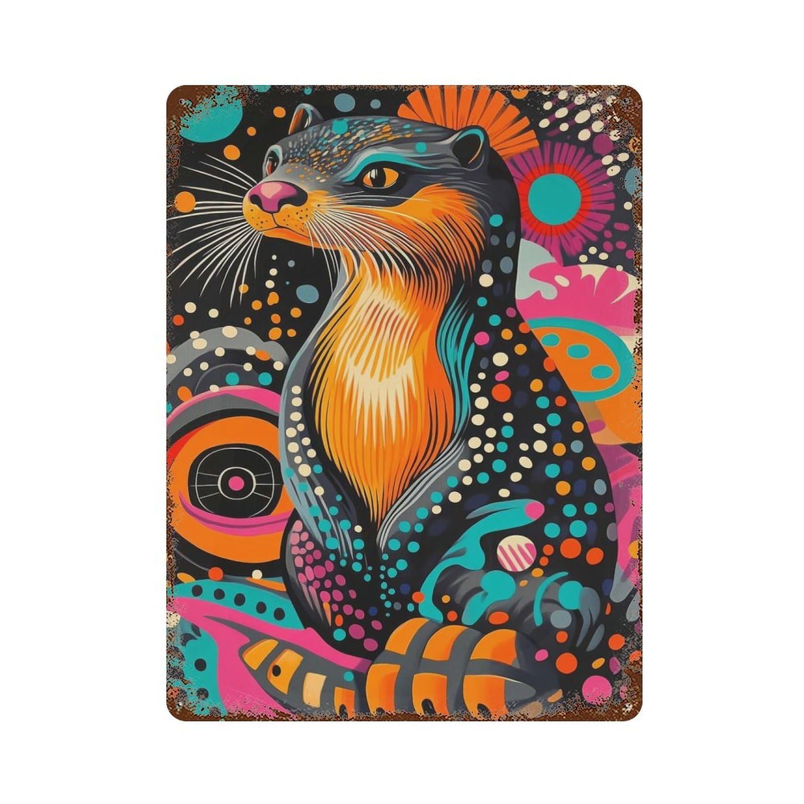 Garage Style Otter in Psychedelic Art Otter - Playful Pop Art Aged Metal Wall Plaque 15.7"x11.8", Vintage Wall Decor for Bar And Workshop