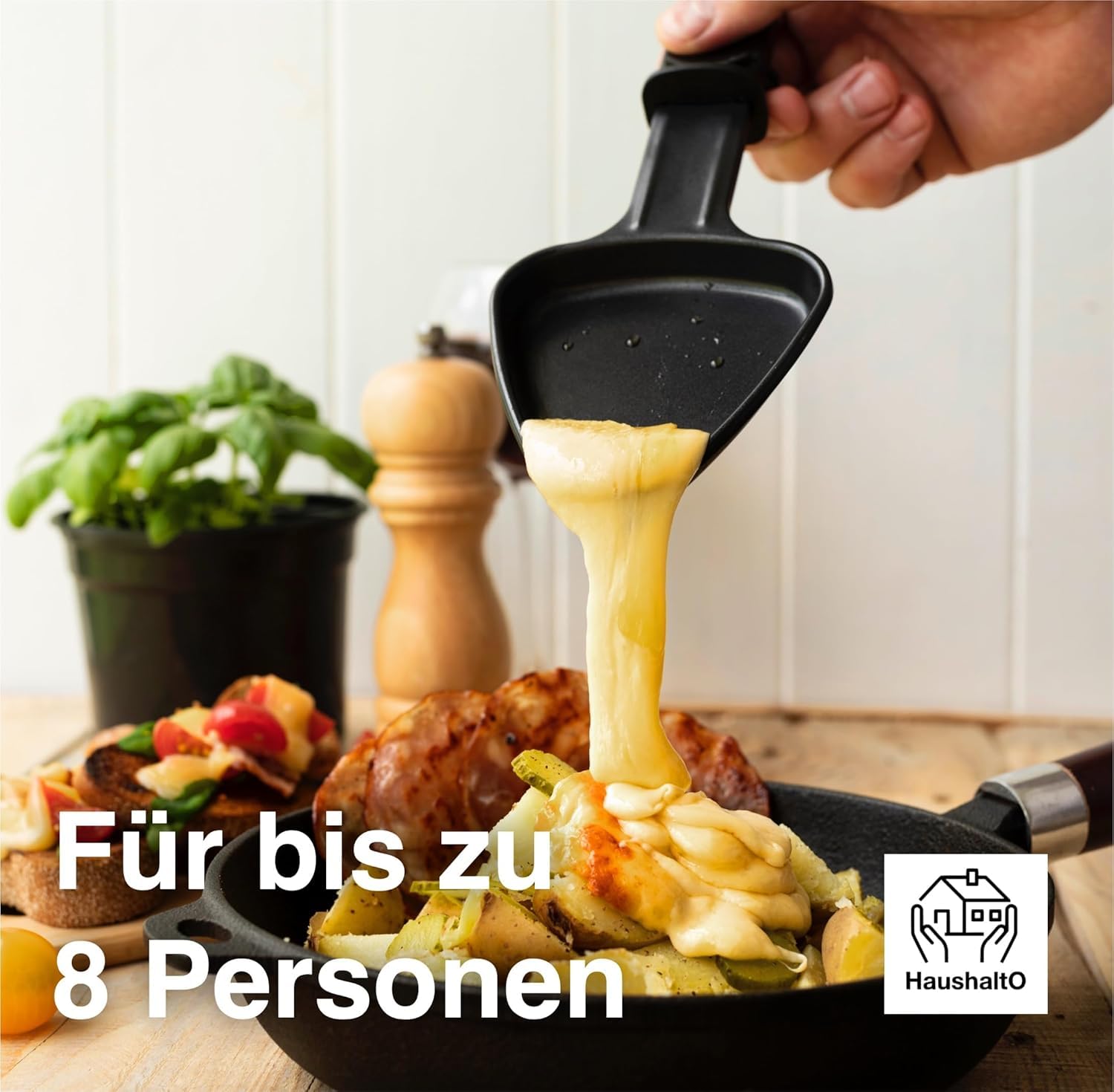 Raclette Set für 8x Personen - antihaftbeschichtet- Tischgrill inkl. Pfännchen & Schaber (Rund)
